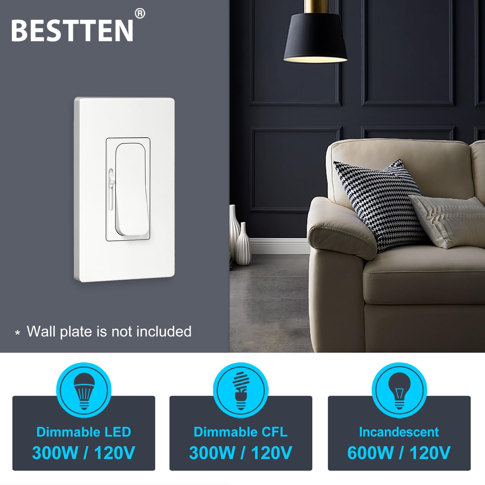 Bestten 10 Pack Super Slim Dimmer Light Switch Single Pole Or 3 Way Quiet Slide
