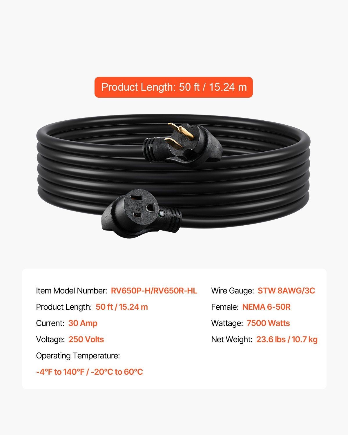 30A 50ft Generator Power Cord – NEMA 6-50P to 6-50R 250V 7500W Extension