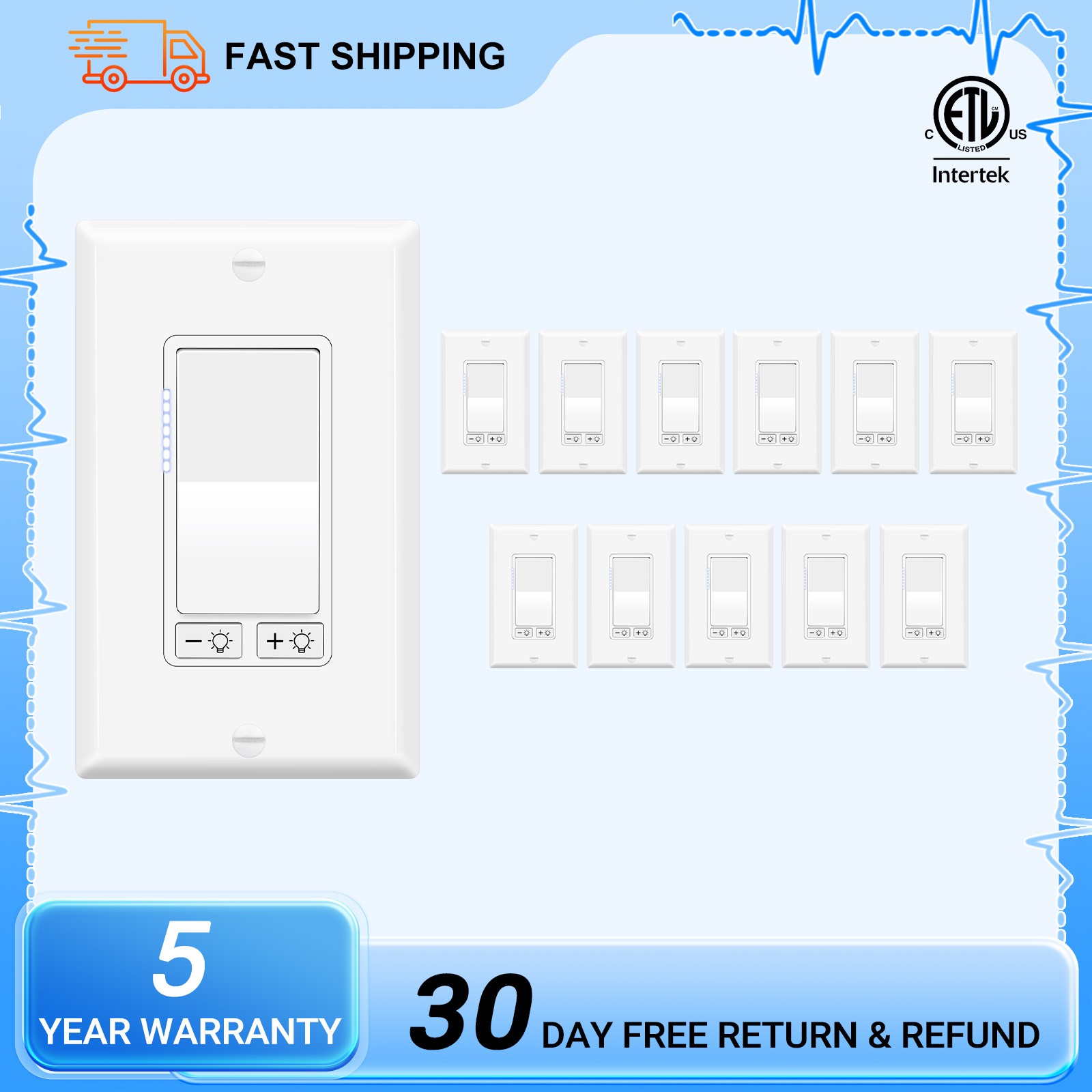 12PCS 3 Way ETL Listed Dimmer Switch for Dimmable LED Lights 300W Max No Neutral