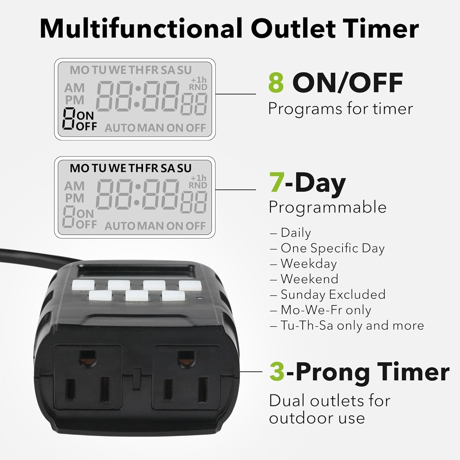 BN-LINK 7 Day Outdoor Heavy Duty Digital Programmable Timer Dual Outlet 125V AC