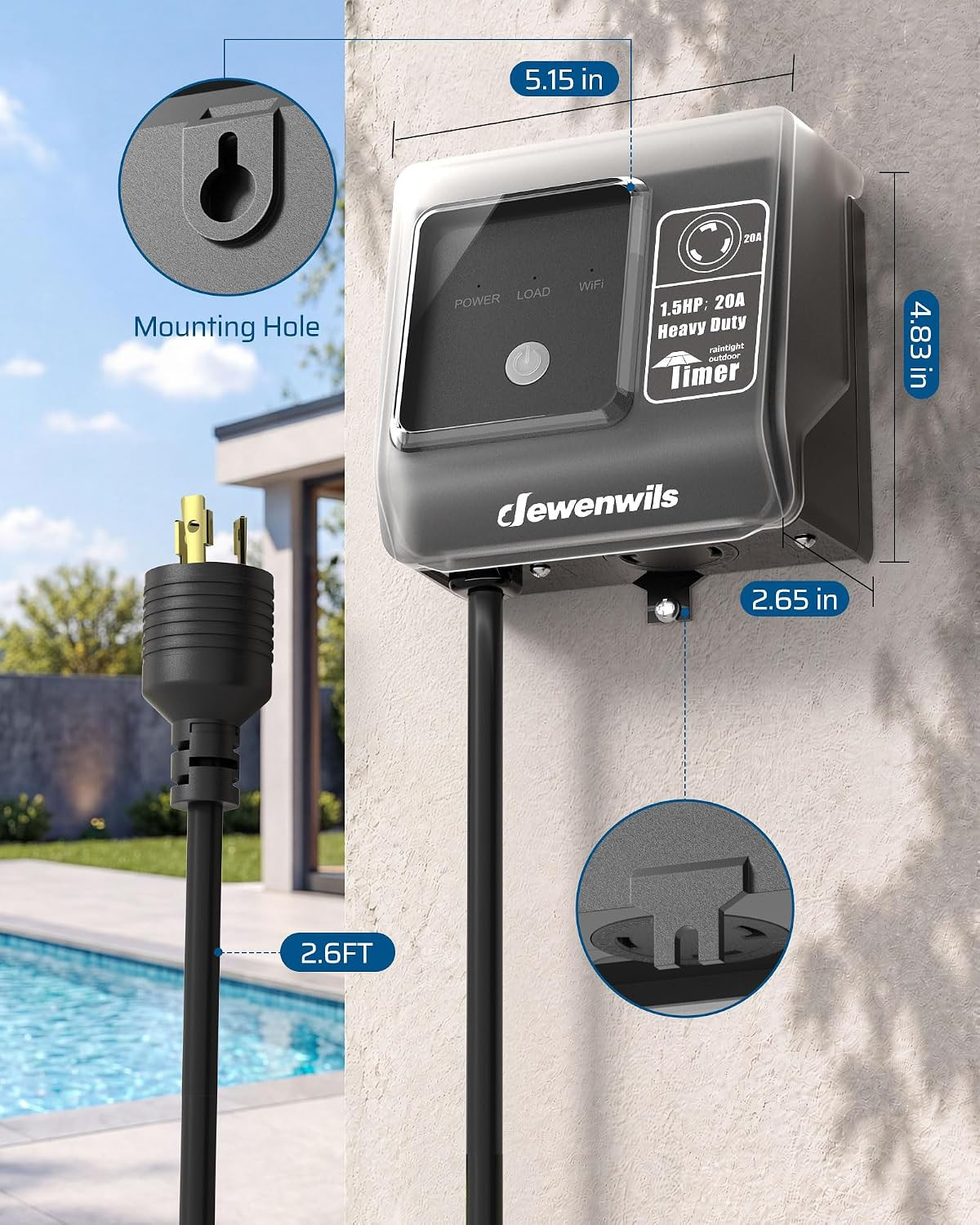 Wifi Pool Timer, NEMA L5-20R, 20A 125V 1.5HP, Weatherproof PC Cover, Work with S
