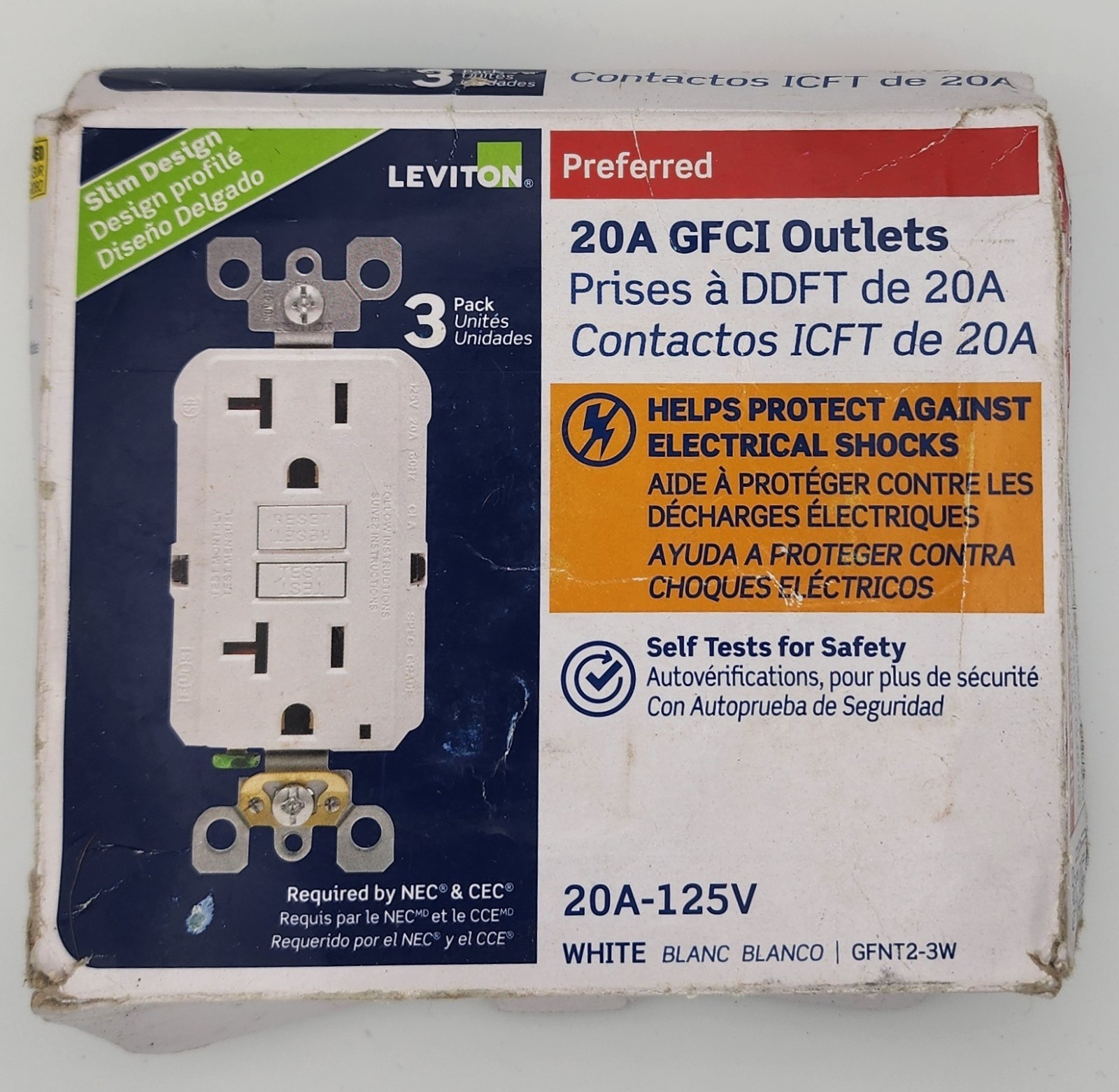 3-Pack LEVITRA GFCI Outlet Receptacle 20A-125V, Slim Design, White, New GFNT2-3W