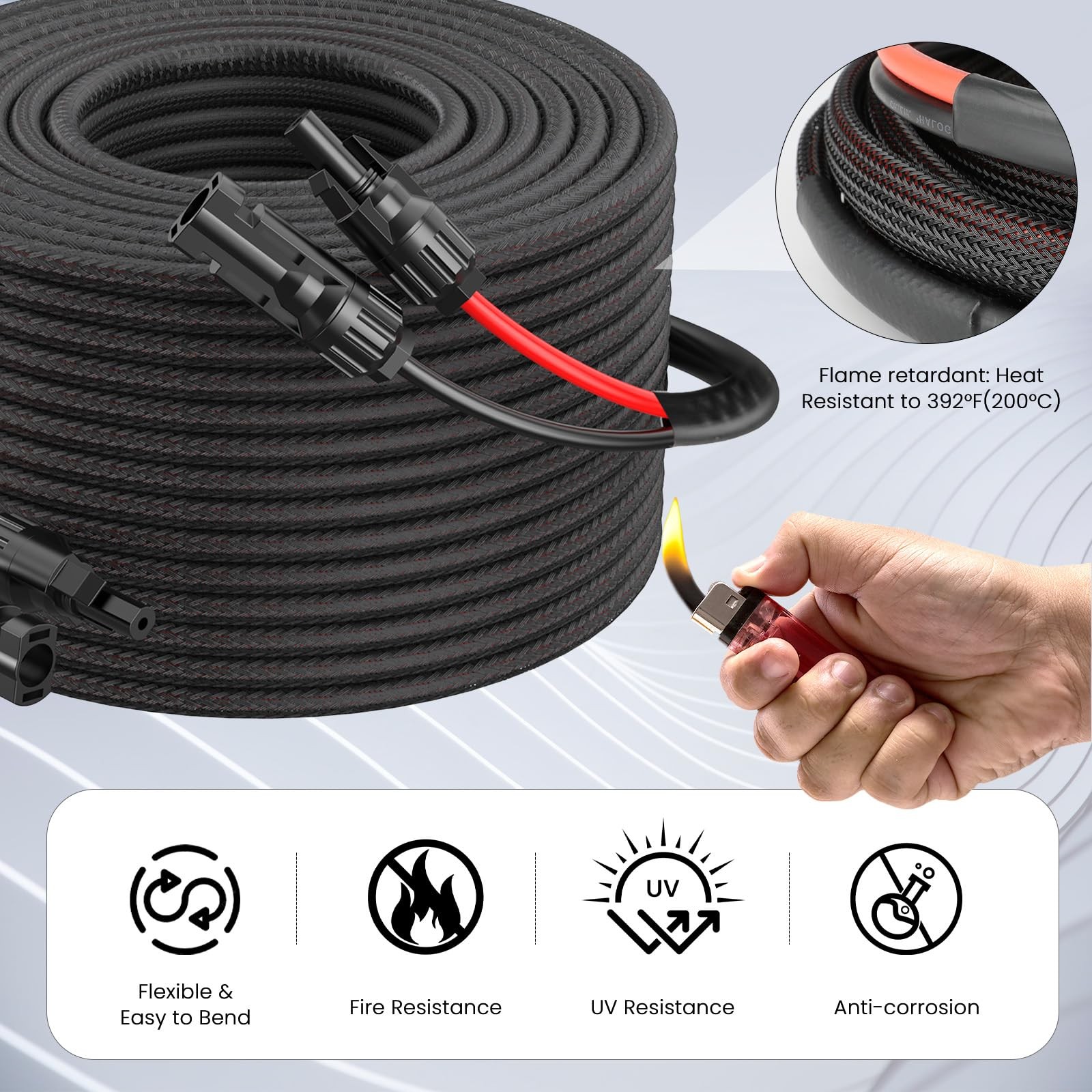 Twin Wire 5FT 10AWG Solar Extension Cable with 5FT, Black braided sleeve
