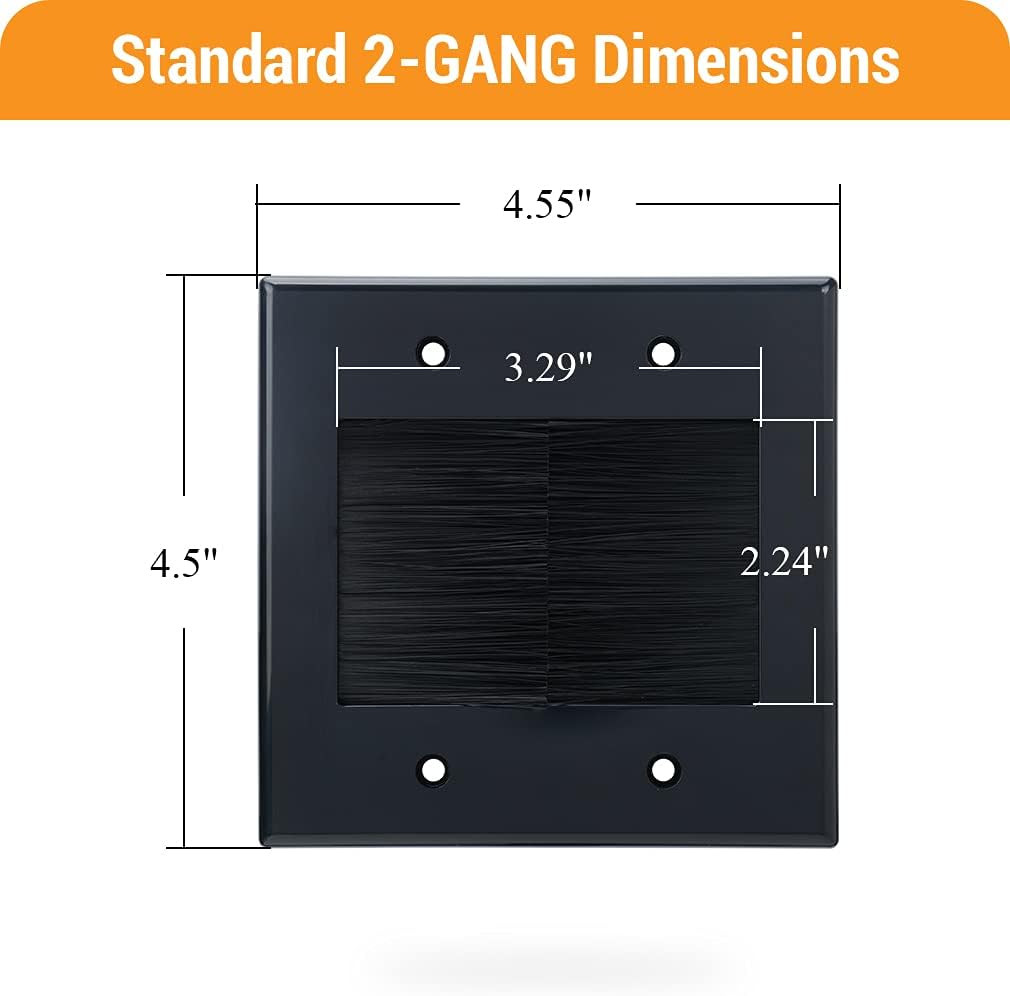 2 Gang Brush Wall Plate (Black, 2 Pack), Double Gang Cable Wall Plate for Power
