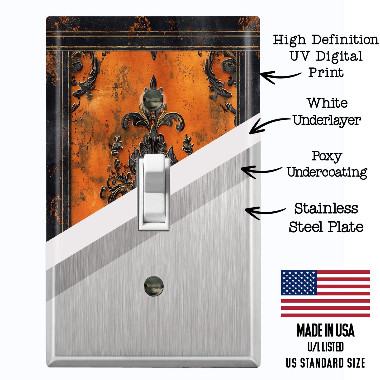Metal Light Switch Outlet Cover Wall Plate Halloween Black Orange Floral HWN105