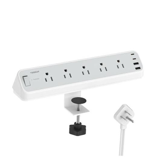 Desk Clamp Power Strip 10 Ft with 2100J Surge Protector, Gray | 5 10 FT Grey