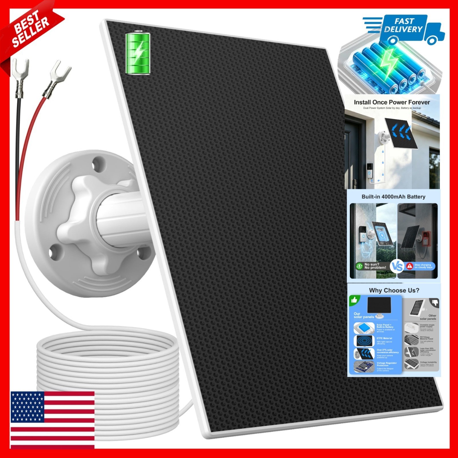 WECOOL Solar Panel Charger for Ring Doorbell with Built-in Battery