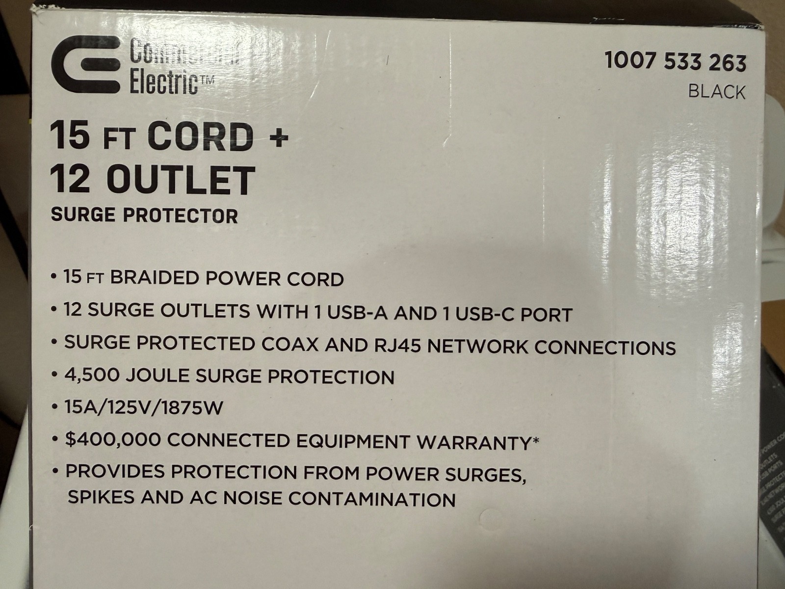 Commercial Electric 15 ft. 12-Outlet Surge Protector Braided Cord – Black NEW