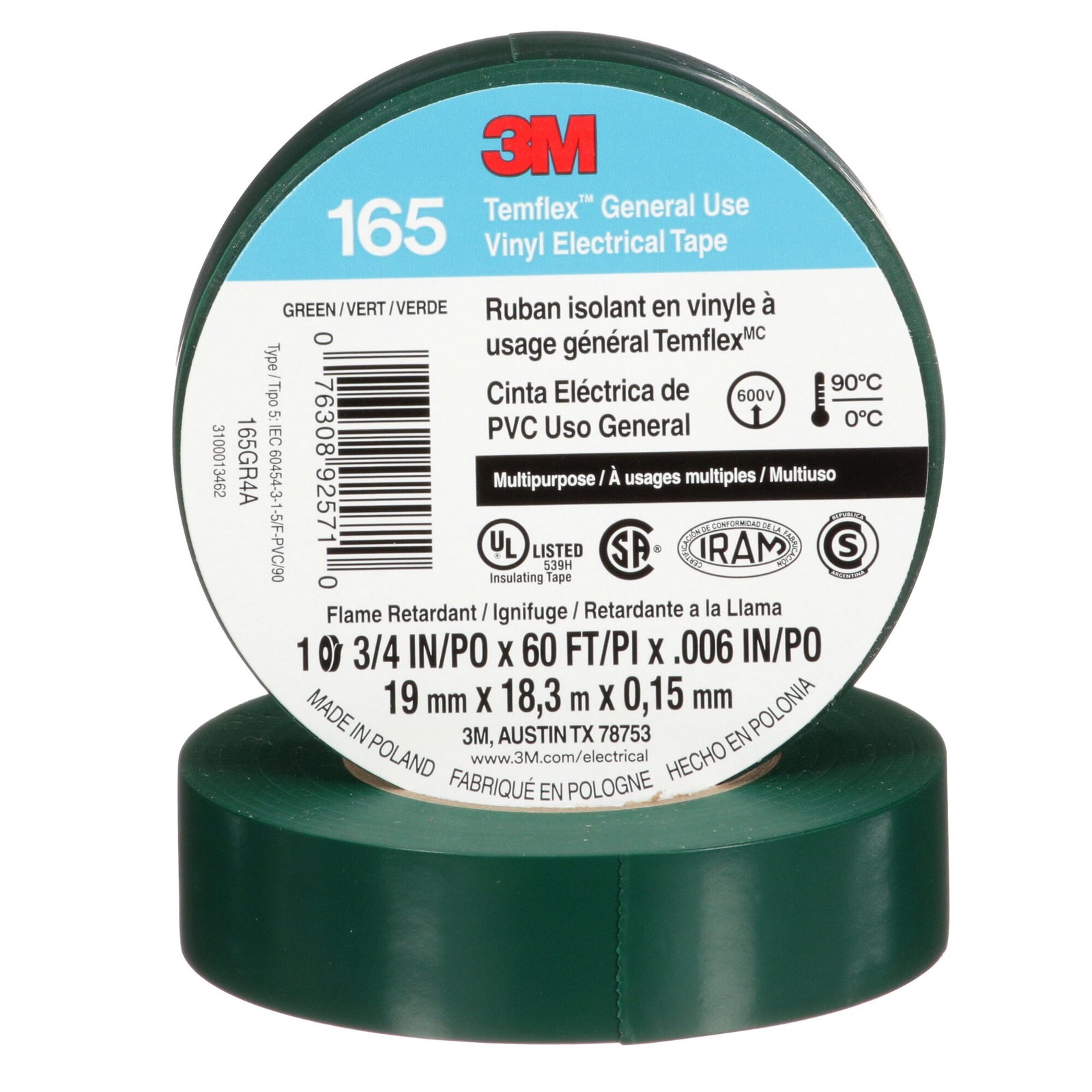 3M Temflex Vinyl Electrical Tape 165, Green, 3/4 in x 60 ft (19 mm x 18 m)