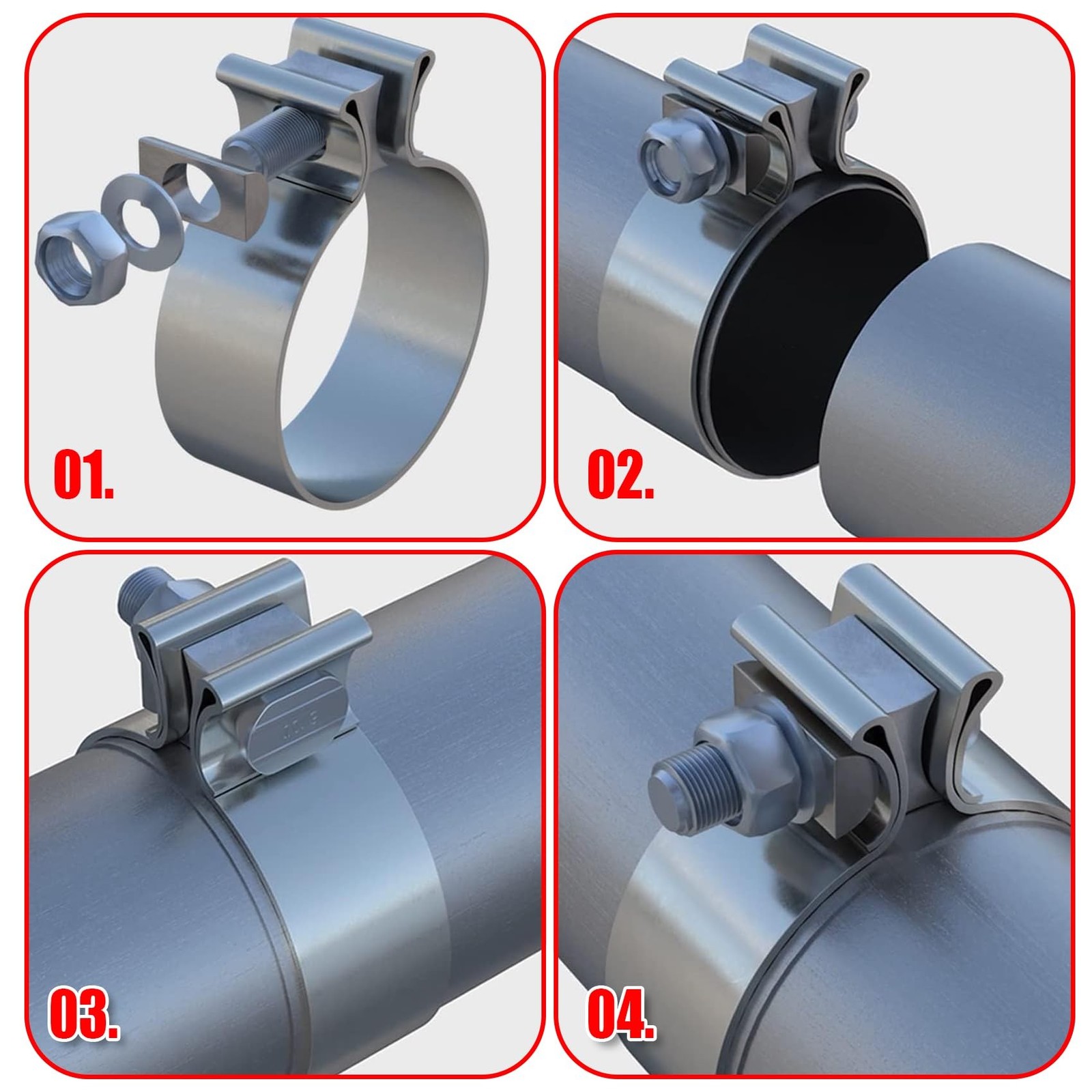 2.5 Inch Exhaust Clamp, 2.5″ Narrow Band Muffler Clamp, Stainless Steel, 2pcs