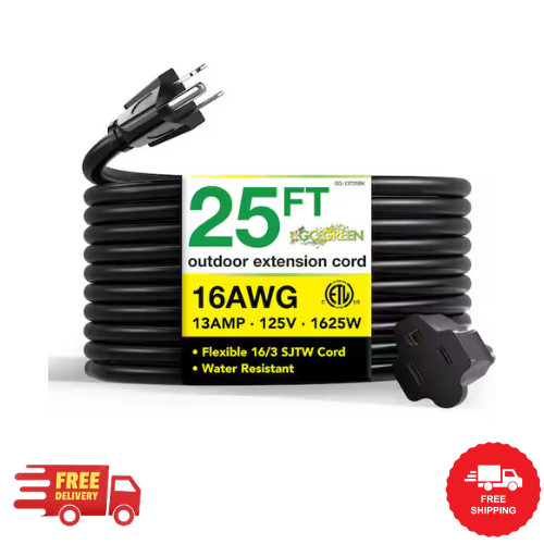 GoGreen Power 25 ft. 16/3 Heavy Duty Extension Cord – Black