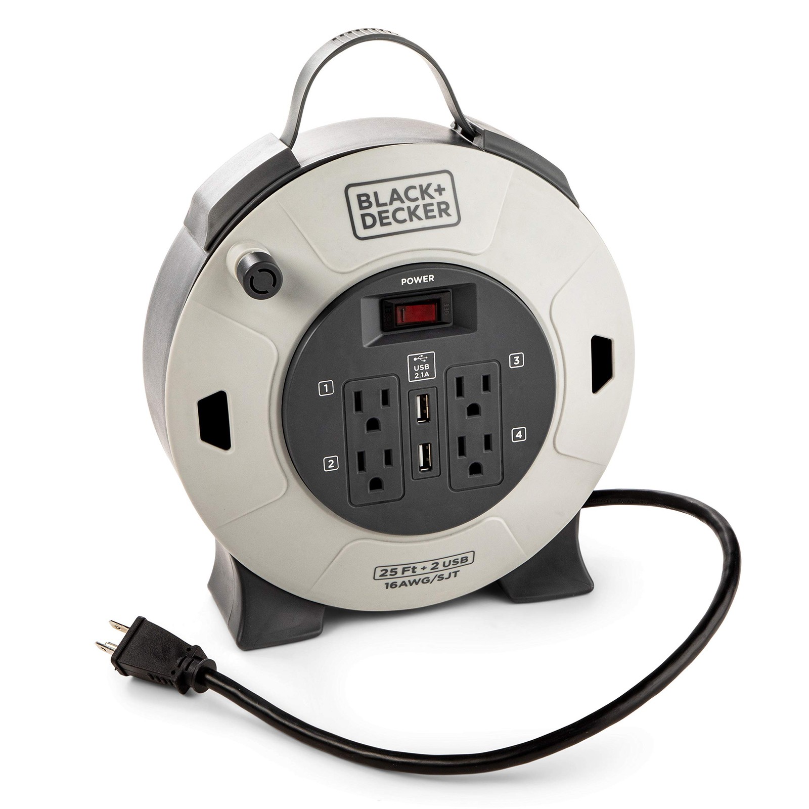 25ft Retractable Cord Reel 4 Outlet 2 USB Port BLACK DECKER 16AWG Circuit Breake