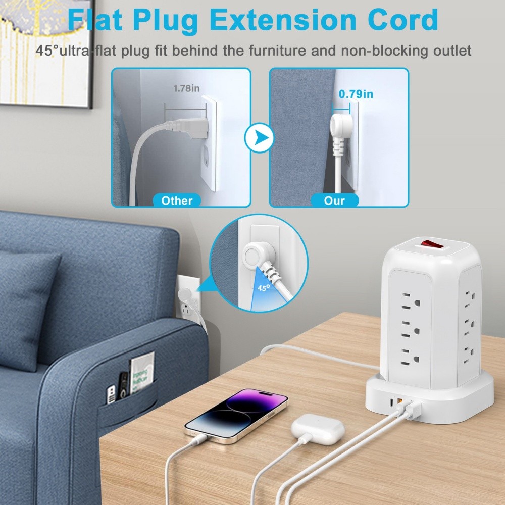 5FT Tower Power Strip with Individual Switches 12 Outlets 4 USB Ports(1 Type C)