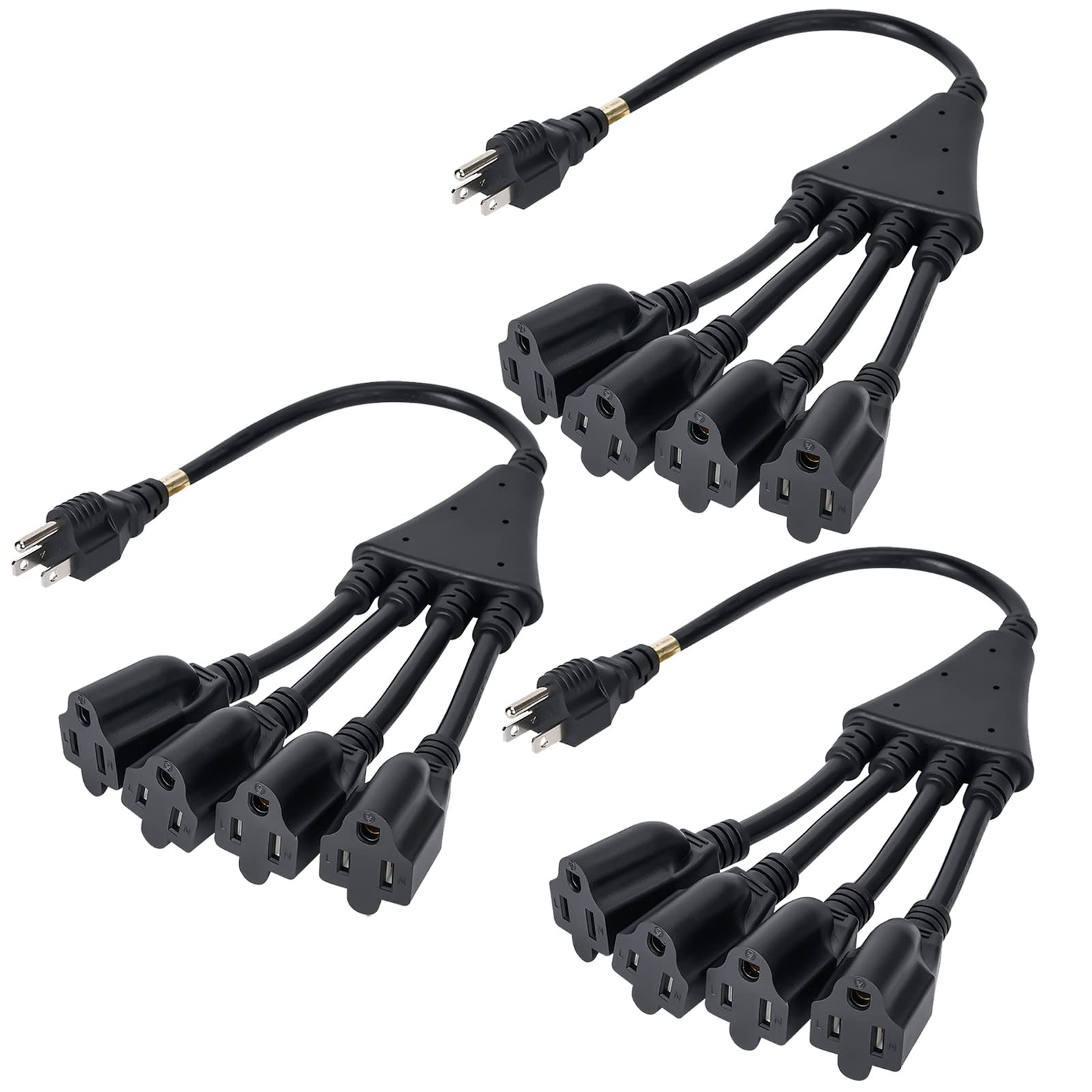 3 Pack 4 Way Power Cord Splitter Cable 3 Prong 1 To 4 Extension 1.5 Ft Black