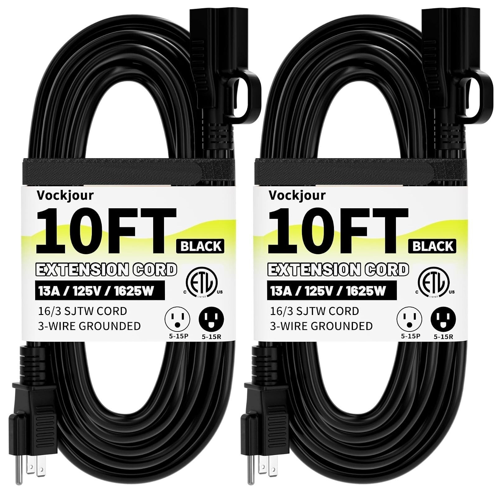 Vockjour 10 Ft Waterproof Extension Cord 16/3 Heavy Duty Black