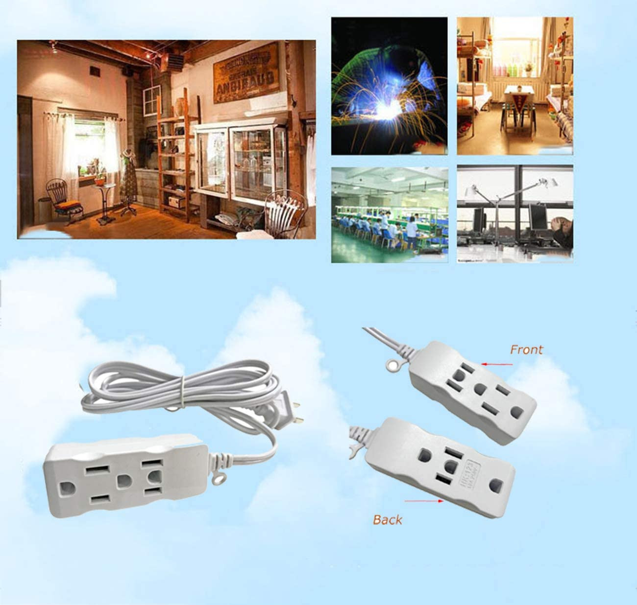 3 Feet Long Extension Cord with 3 Outlet Power Strip and 2 Flat Pins Input White