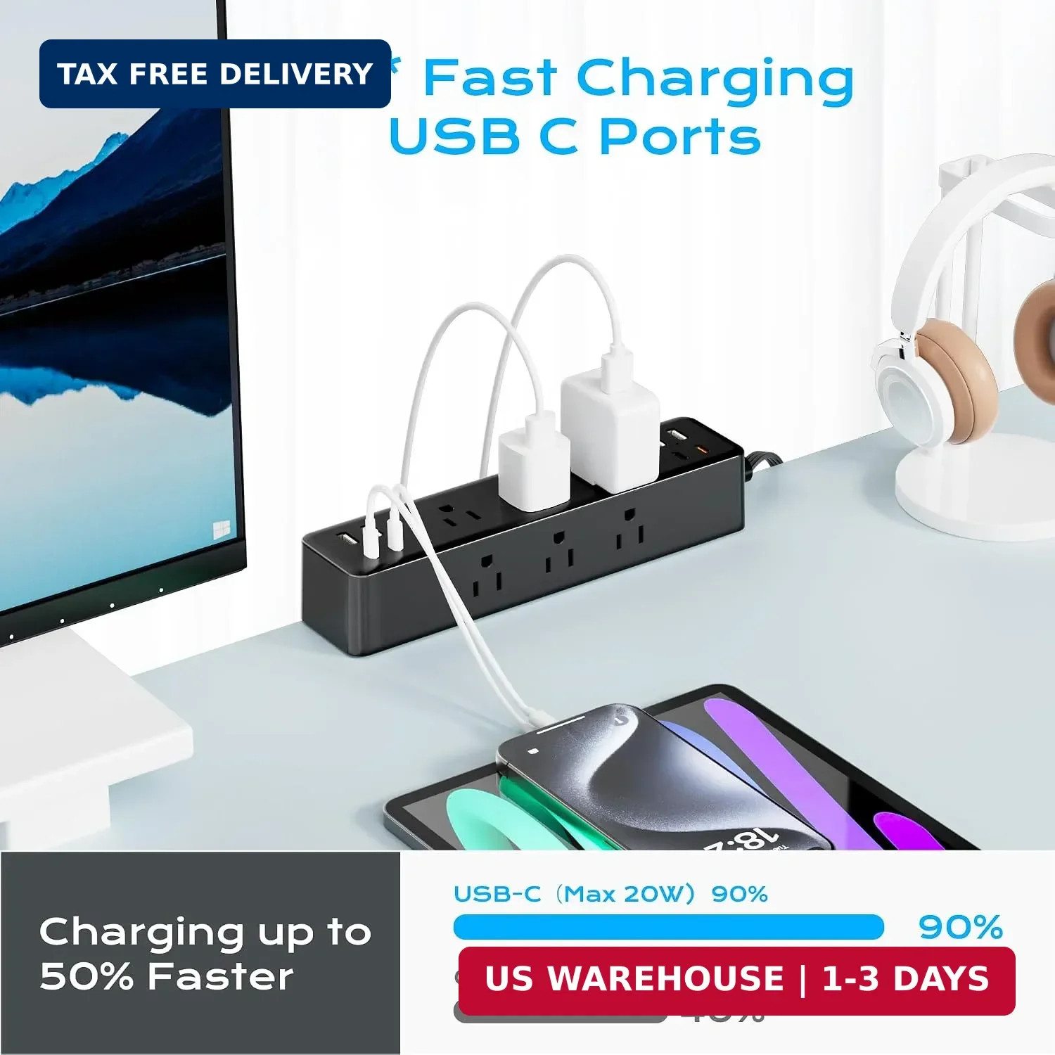 Desk Clamp Power Strip 10FT, 40W Total Fast Charging Station | 9 AC Outlets 8 US