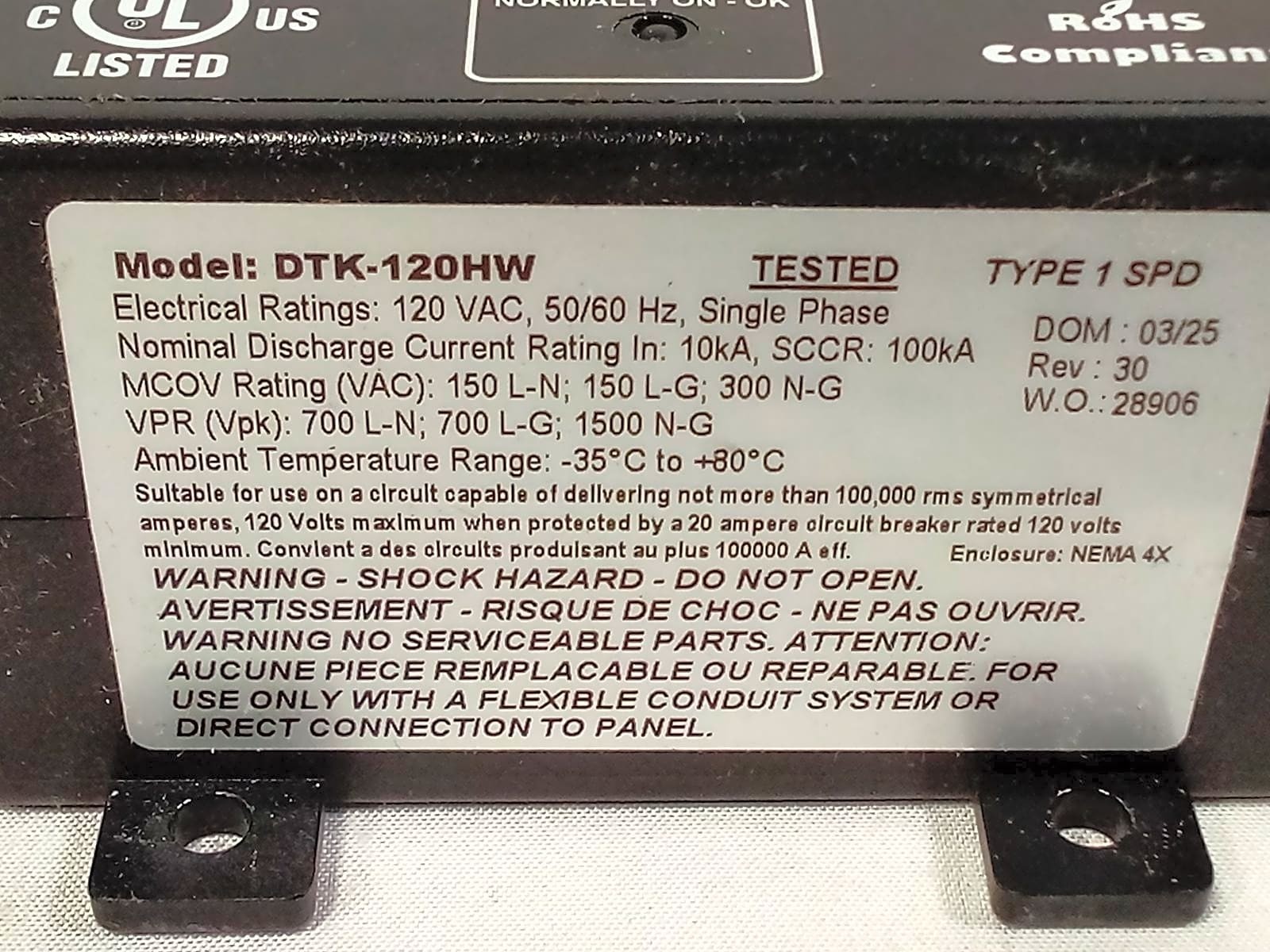 DITEK DTK-120HW 120VAC Single Phase Type 1 Surge Protective Device