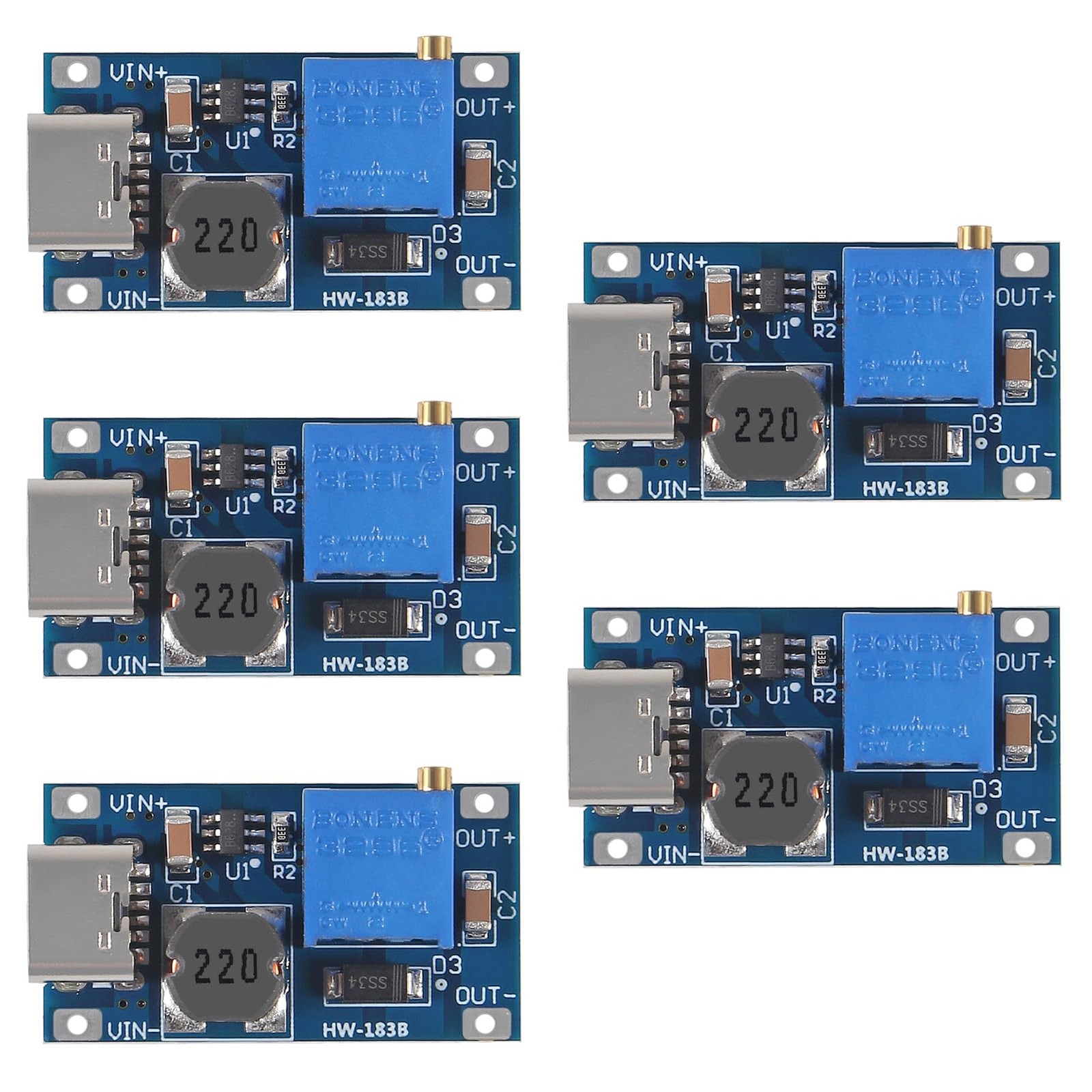 AITRIP 5pcs Type-C MT3608 DC-DC Adjustable Boost Module 2A DC 5 PCS