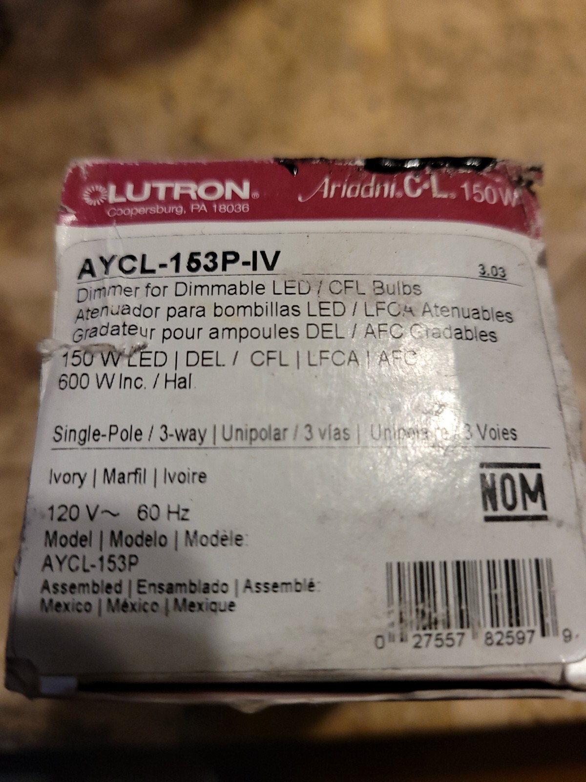 Lutron AYCL-153P-IV Dimmable CFL/LED Dimmer Toggle/Slide Switch – New In Box