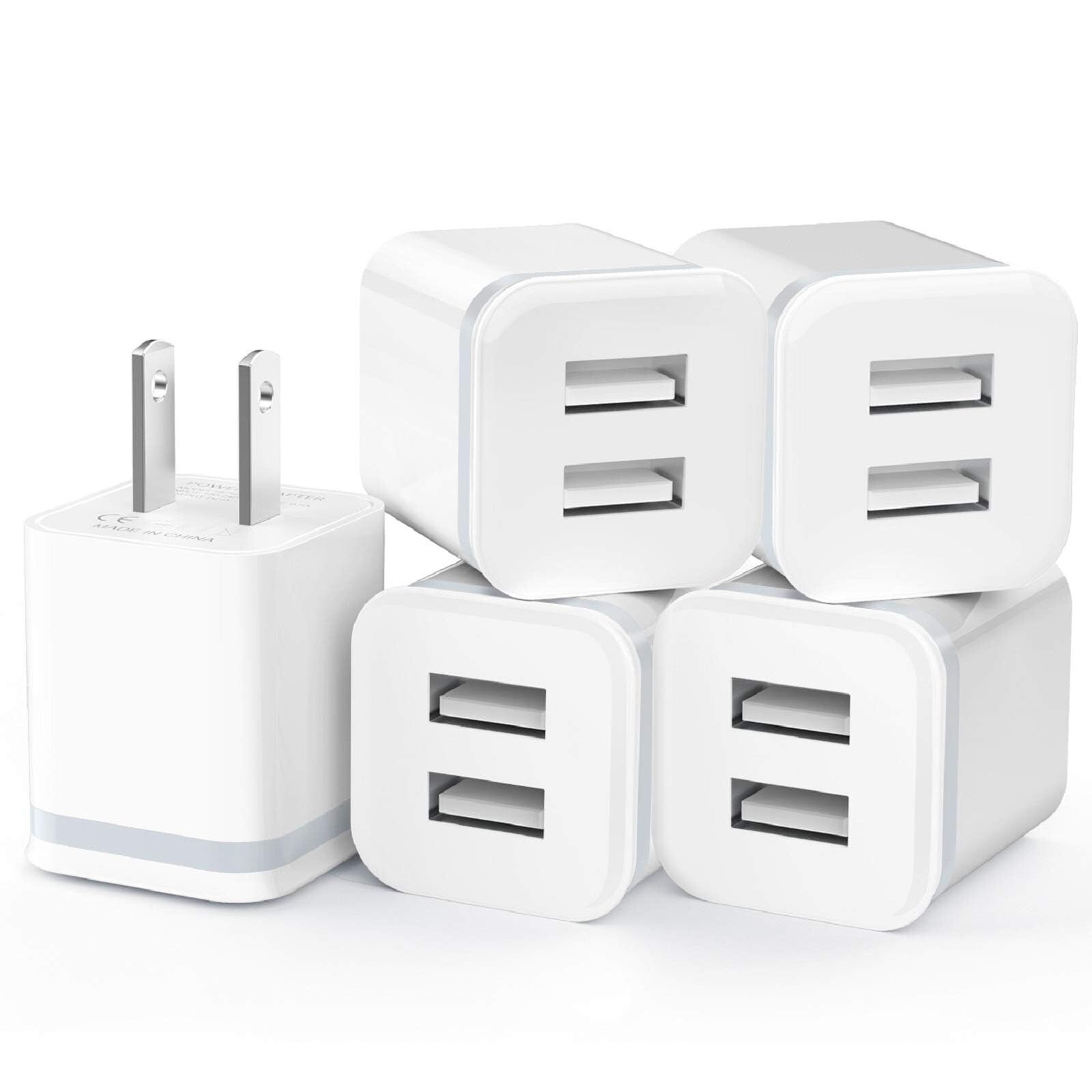 USB Wall Charger, 5-Pack 2.1A/5V Dual Port USB Cube Power Adapter Charger Plug