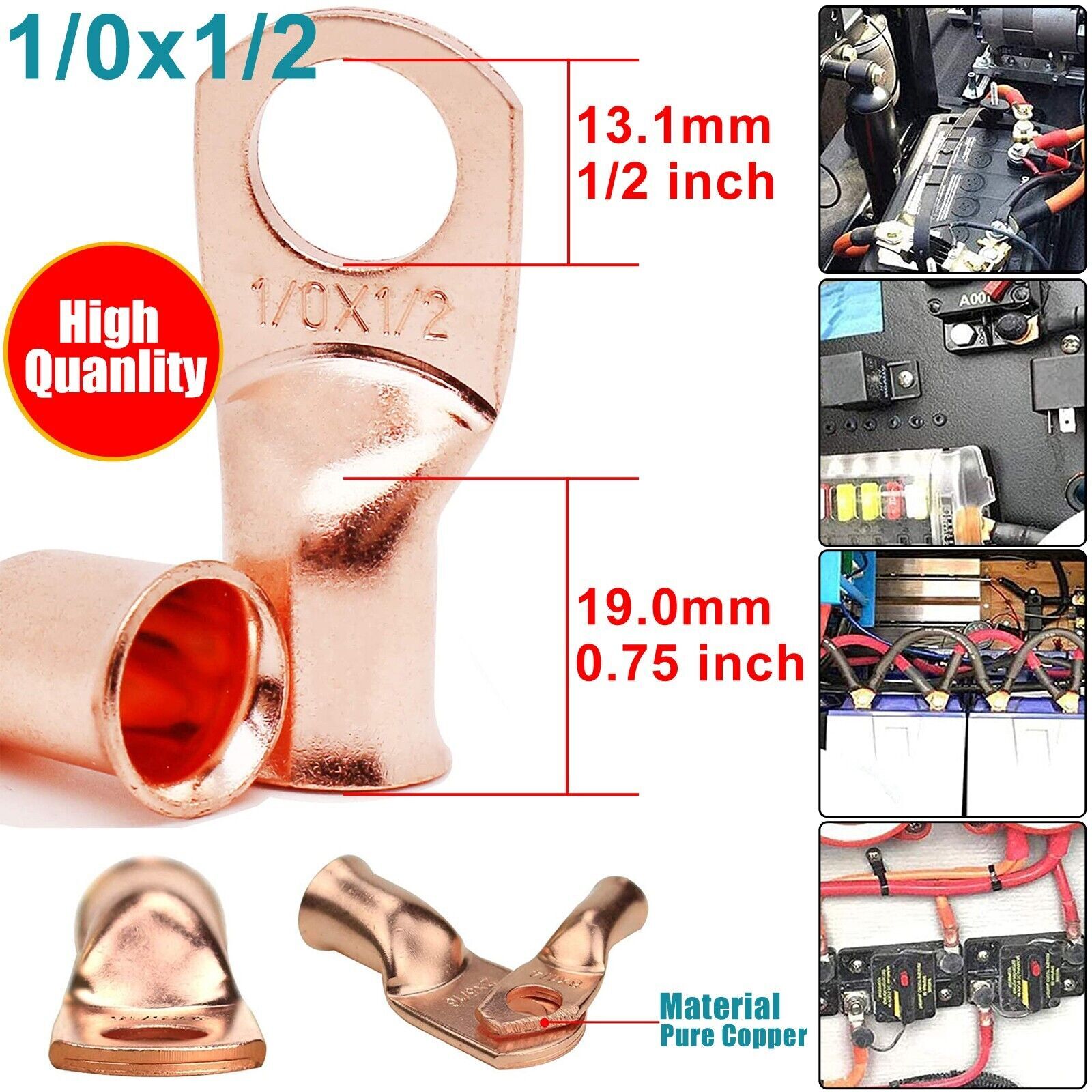 1/0 AWG Battery Terminal Connectors Copper Crimp Welding Cable Wire Ring Lugs