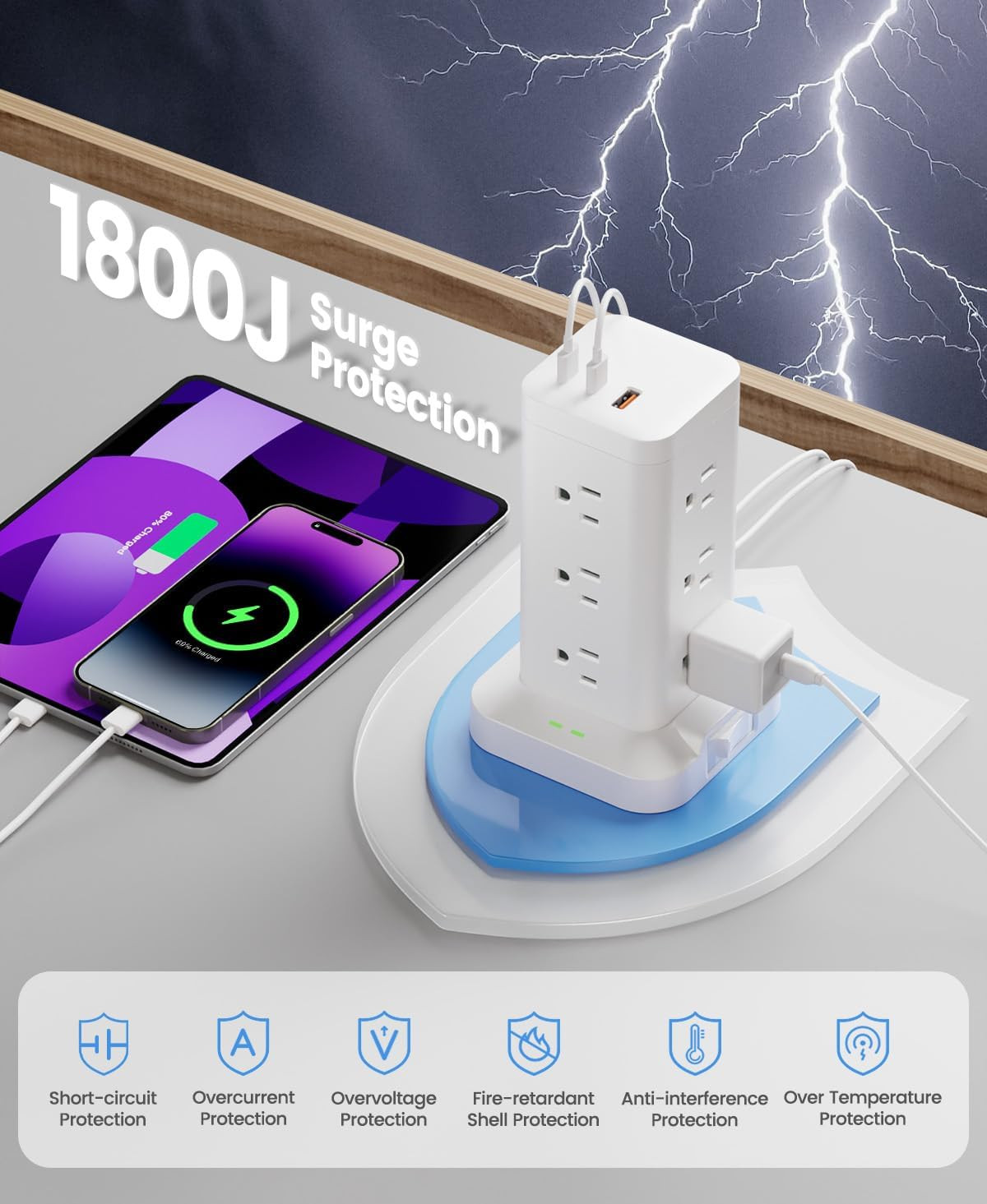 15-In-1 Power Strip Tower with Surge Protector 1800J, Fast Charging Tower PD20W