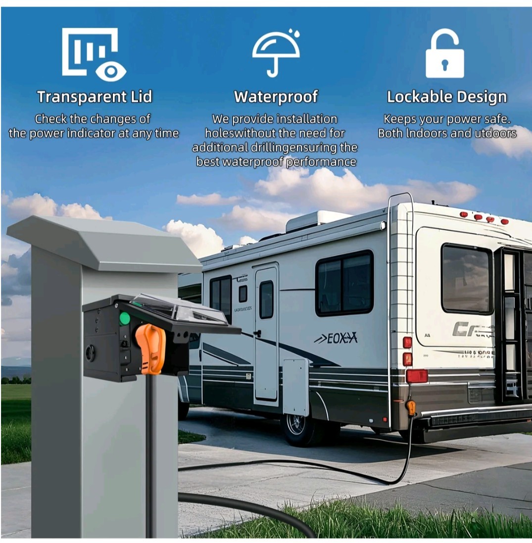 RV 50A Outlet Box, NEMA 14-50R, 125/250V, Weatherproof, With 50A Breaker