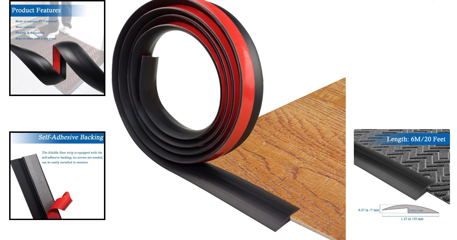Versatile Black PVC Floor Transition Strip, 5mm Height, 20ft Self-Adhesive Trim