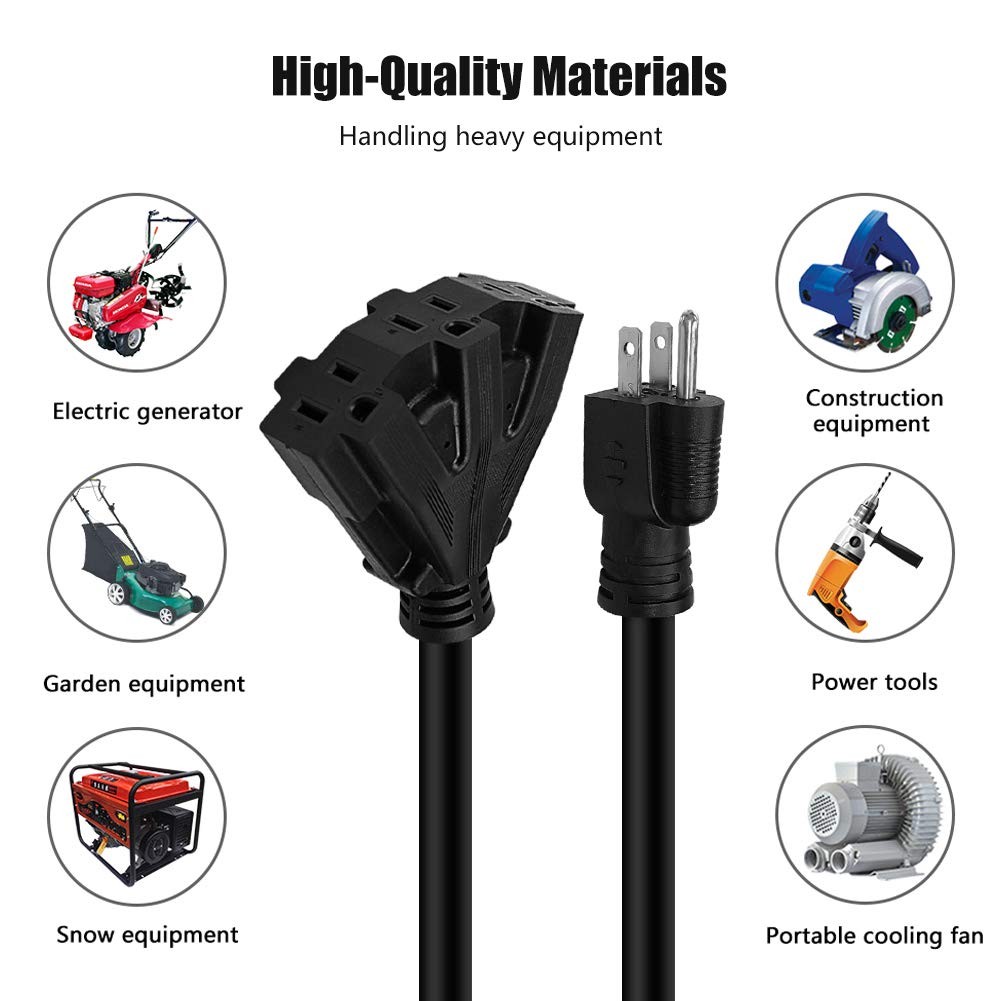 10FT 12/3 Outdoor Extension Cord, Heavy Duty 3-Outlet SJTW Indoor/Outdoor Thr…