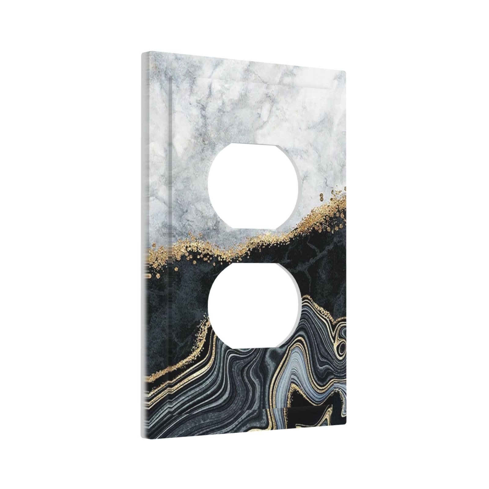 Modern Abstract Black Gray Grey Gold White Marble 1 Gang Duplex Receptacle Wa…