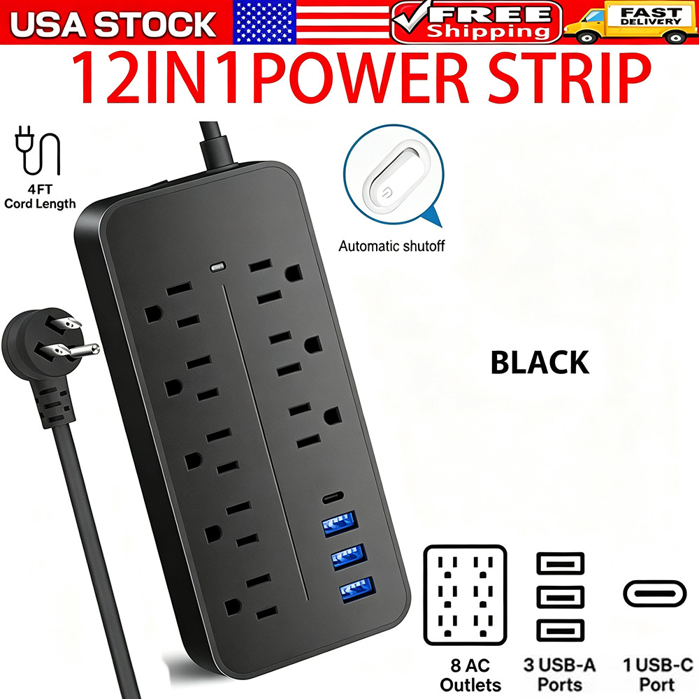 US Power Strip Surge Protector 8 AC Outlets 3 USB Ports + Type C Port 4 FT Cable