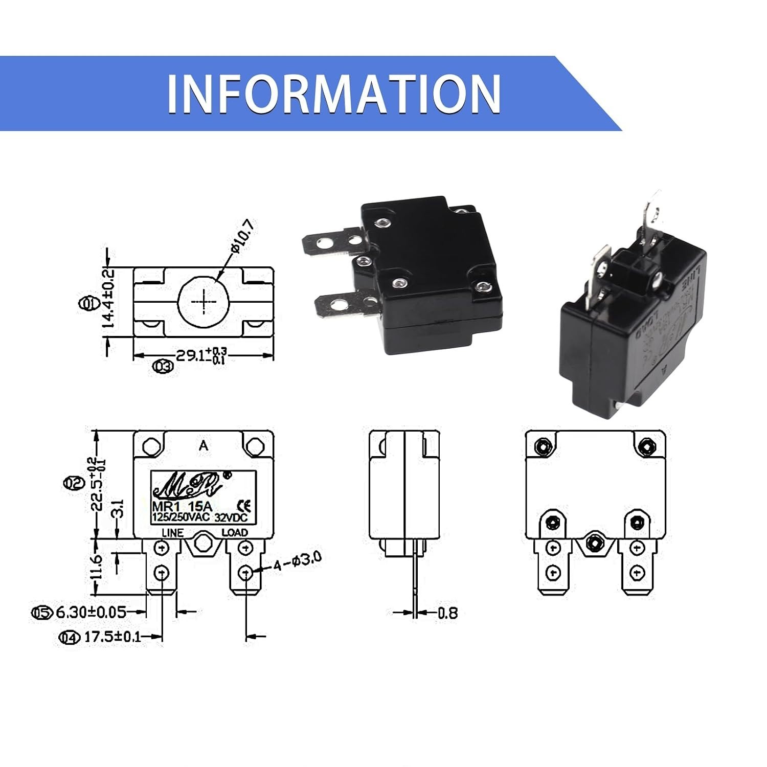 5 Amps Thermal Circuit Breakers 125/250VAC 32VDC Automatic Reset Relay Fuse