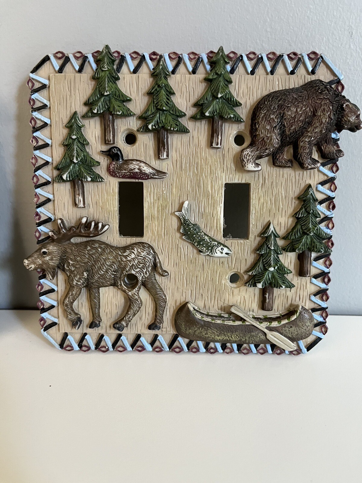 (2) BORDERS UNLIMITED CABIN RUSTIC WALL LIGHT SWITCH / PLATE – BEAR MOOSE DUCK