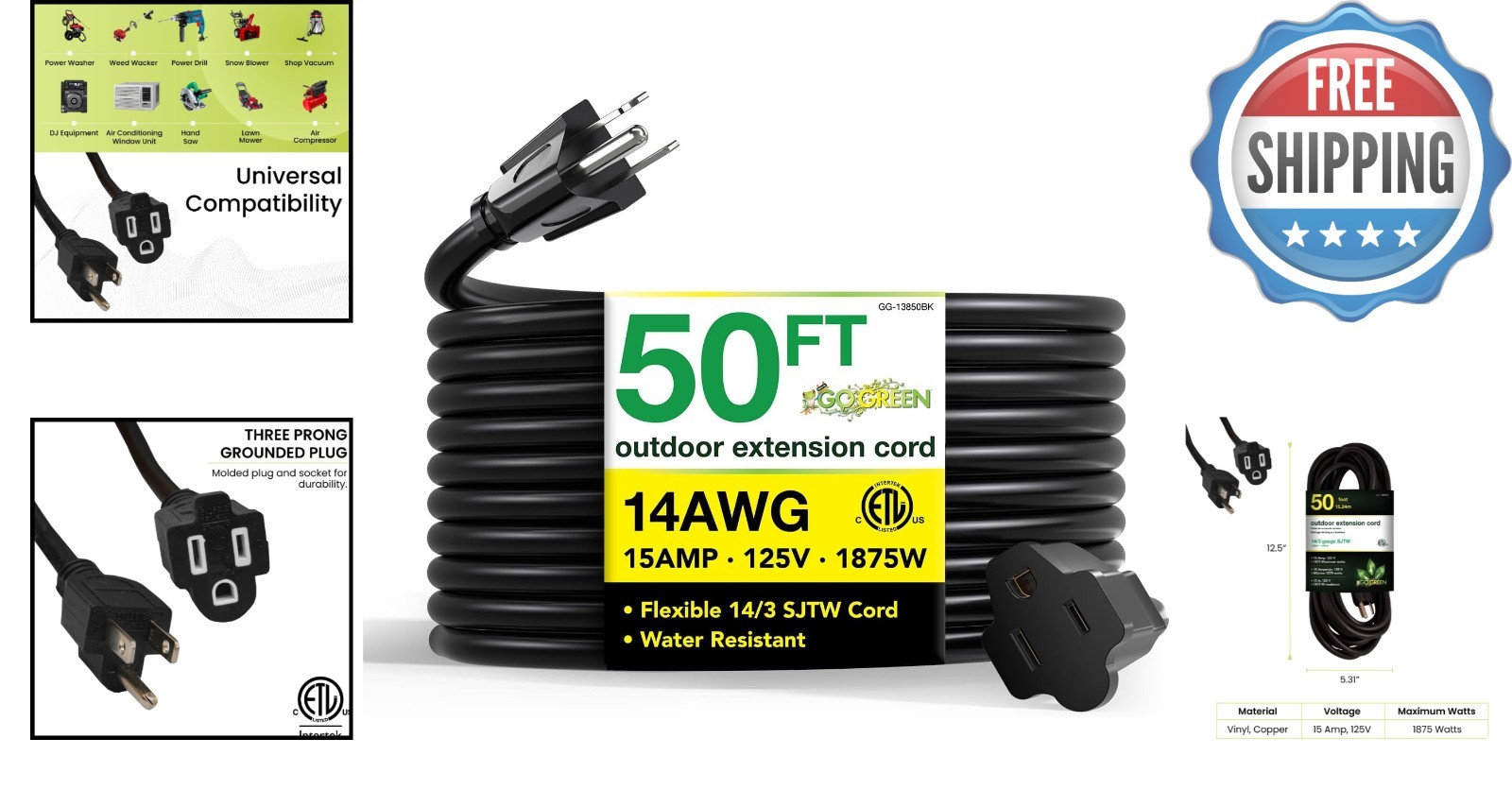 Go Green Power 50ft Black Outdoor Extension Cord – Moisture & Abrasion Resistant