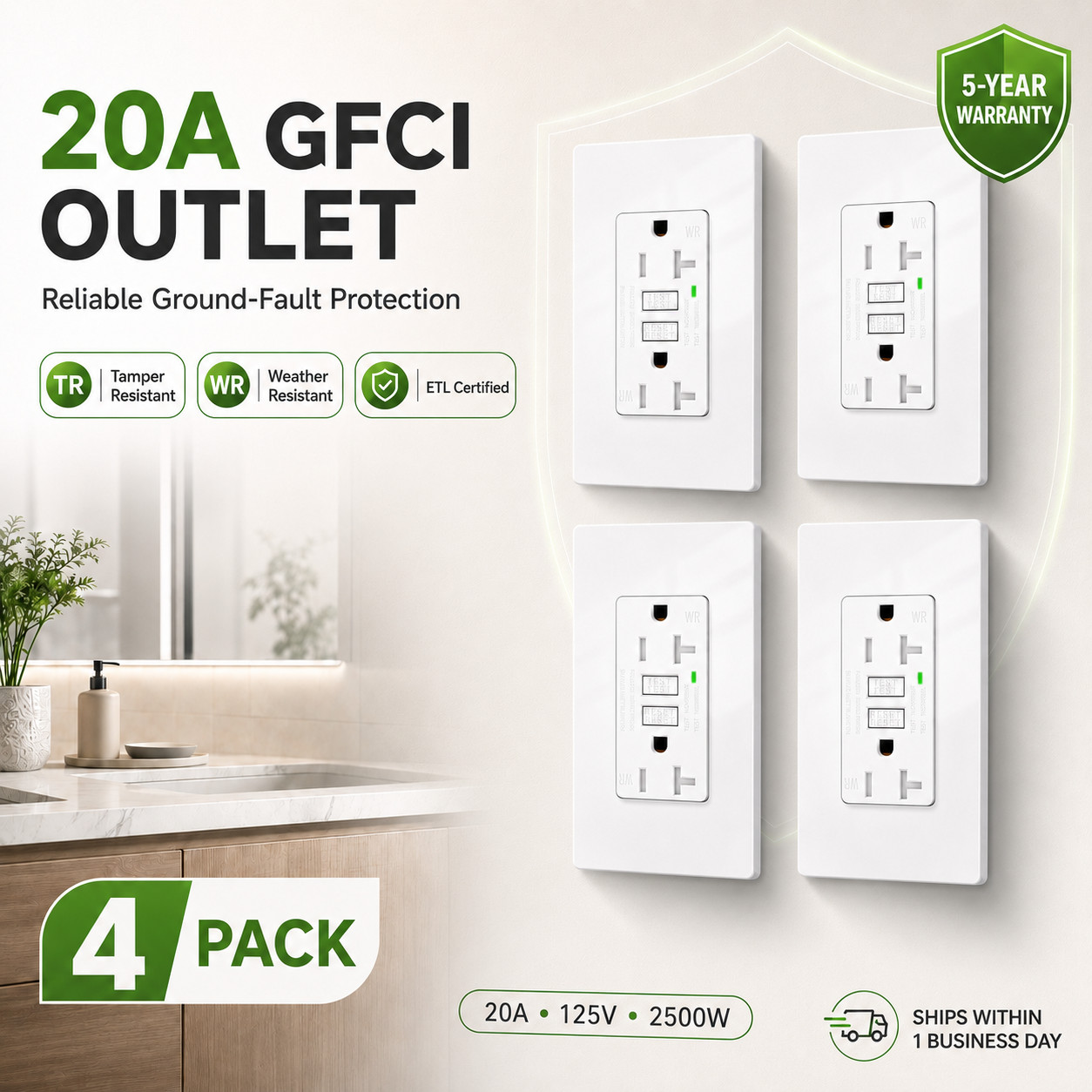 20A GFCI Outlet Tamper Resistant WR Receptacle LED for Bathroom and Patio 4PK