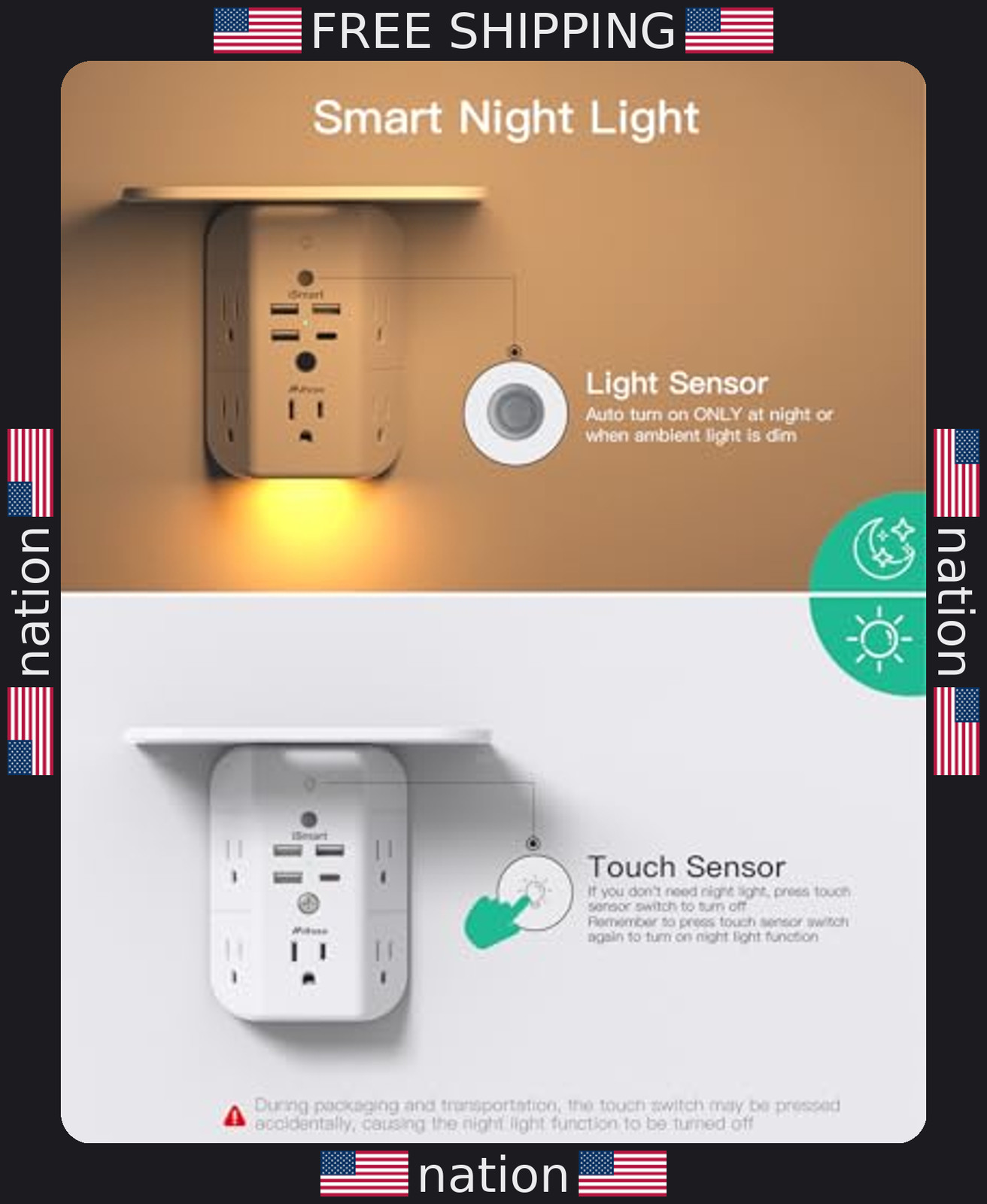 Multi-Plug Wall Outlet Extender with Shelf, Night Light & USB Ports