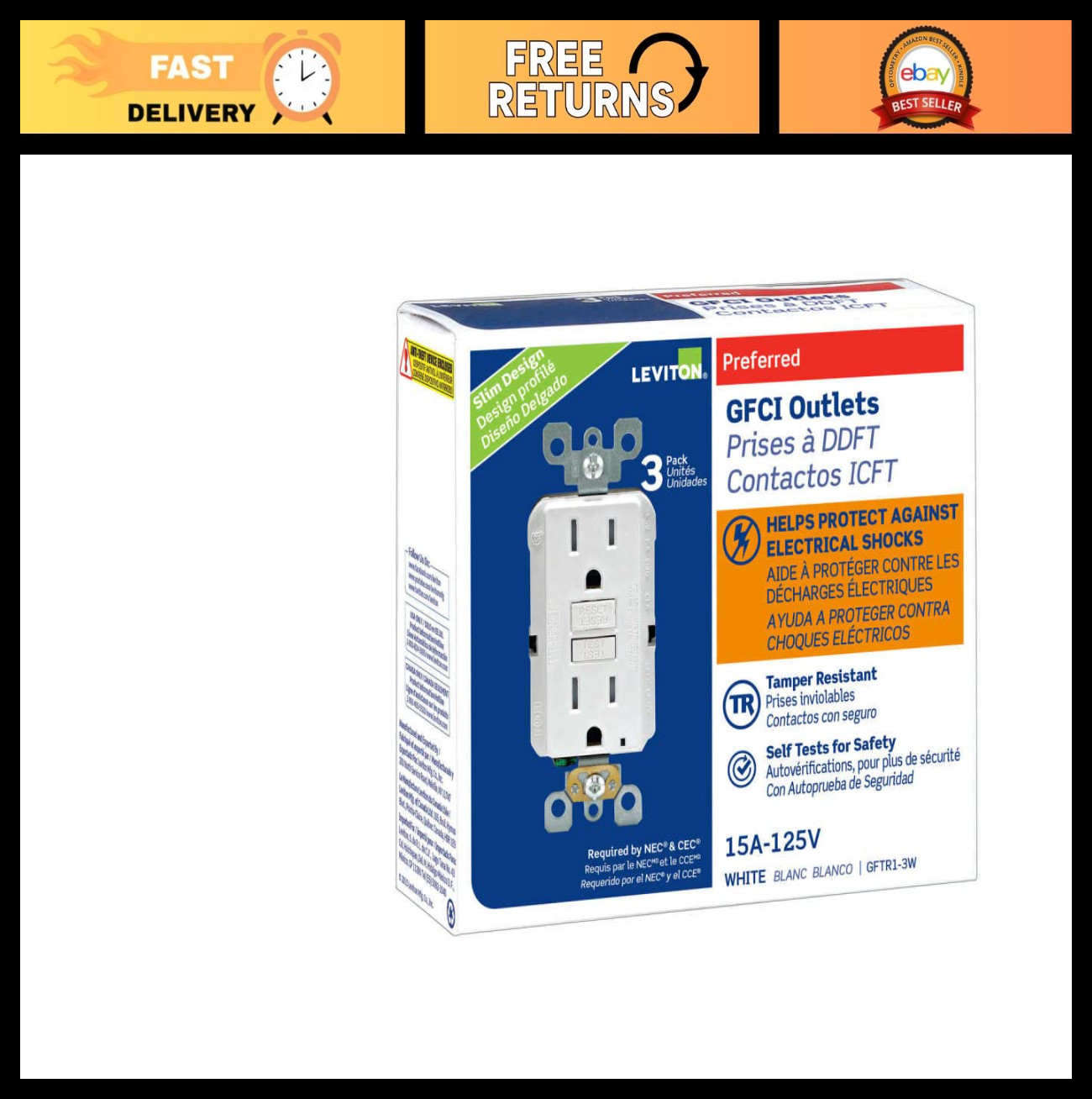 3 Pack Slim GFCI Tamper-Resistant Receptacle with LED Indicator – Self-Test