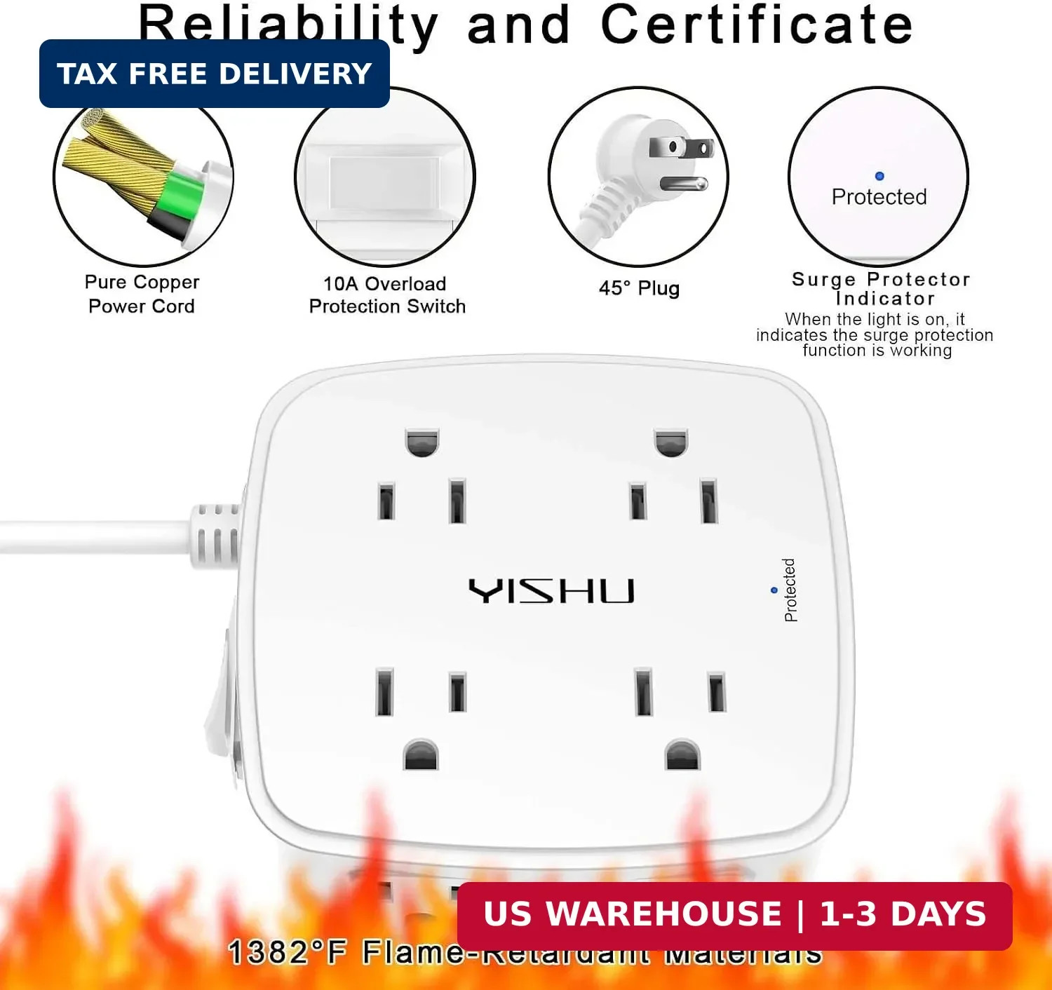 6 Ft Surge Protector Power Strip – 8 Widely Outlets with 4 USB Ports, 3 Side Out
