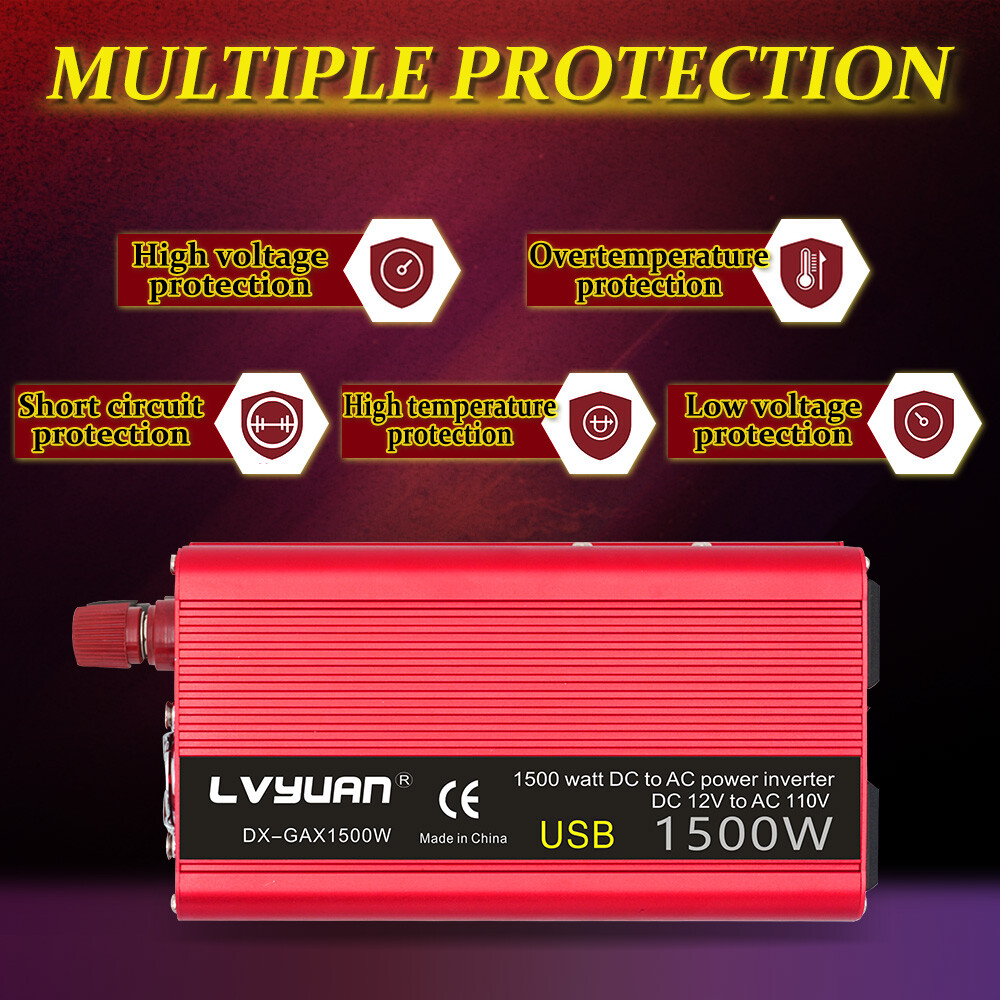 600W 1500W Power Inverter 12V DC to 110V AC Car Converter with 3.1A USB Port Red