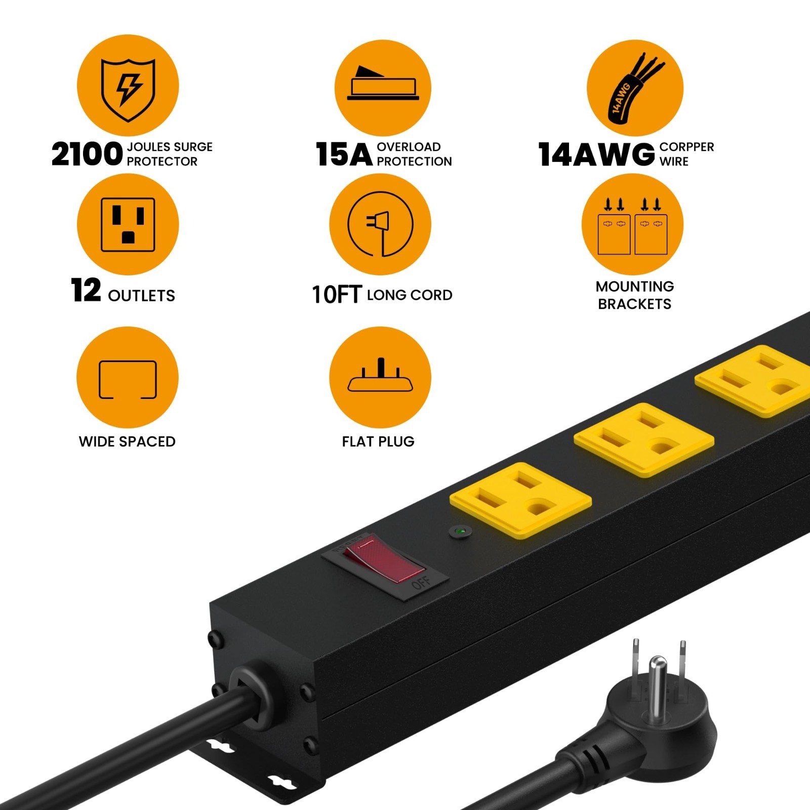 12 Outlet Metal Power Strip with 2100J Surge Protection & 10ft Extension Cord –