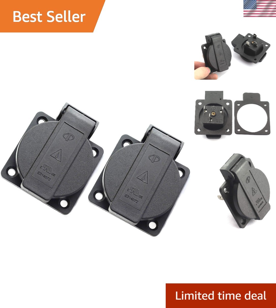 2-Pack Waterproof 3-Hole Power Outlet, 15A 125V Industrial Electrical Socket