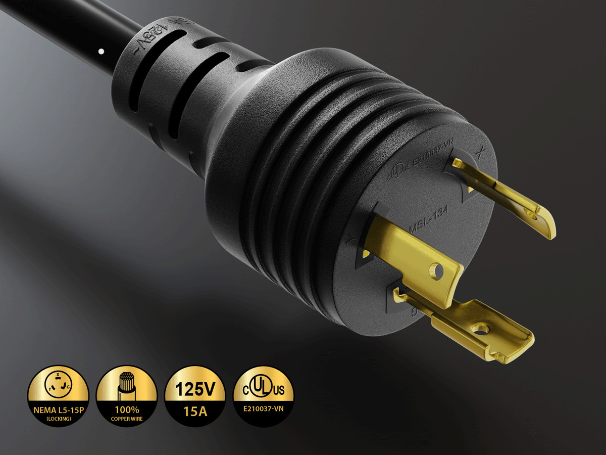 6ft NEMA L5-15P to L5-15R Locking Power Extension Cord 14AWG 15A/125V SJT, Black