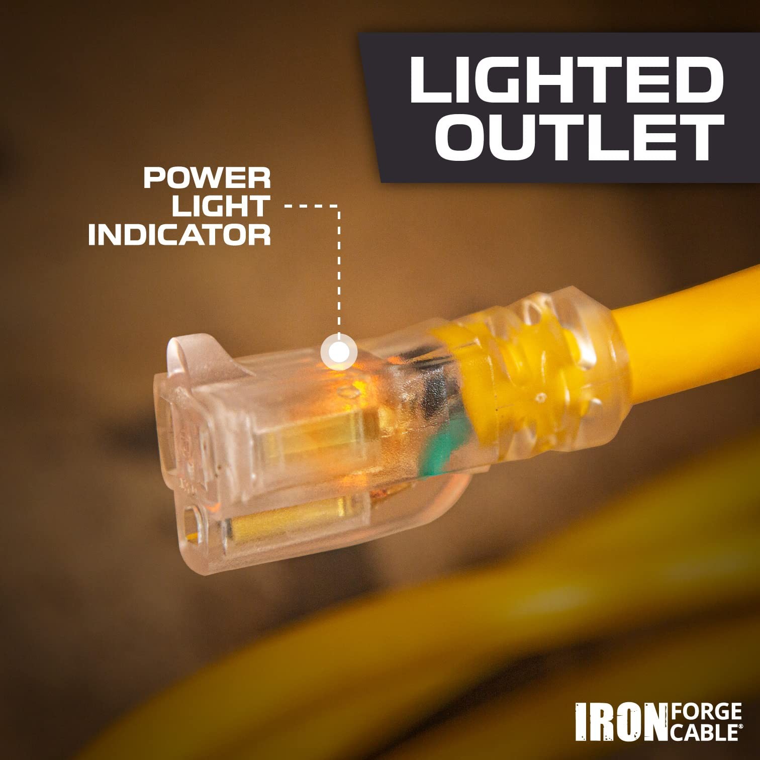 10 Foot Lighted Outdoor Extension Cord – Yellow 10 Gauge 3 Prong Grounded Plug