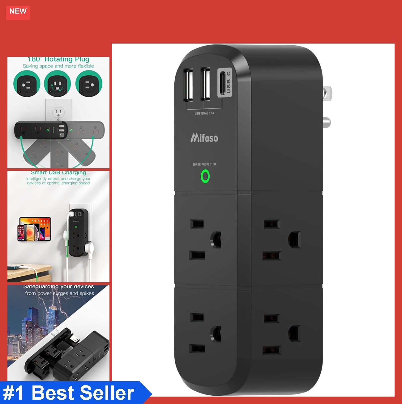 USB Outlet Extender Surge Protector 1800J 6 AC 3 USB Rotating Plug Travel