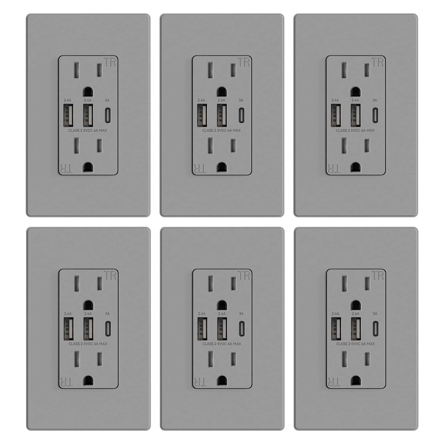 Elegant Matte Grey USB Outlet Set – 15 Amp, 3 Ports, Safety Certified, 6 Pack