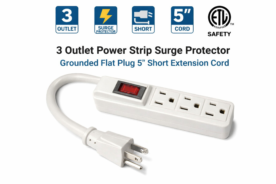 3 Outlet Power Strip Surge Protector Grounded Flat Plug 5” Short Extension Cord