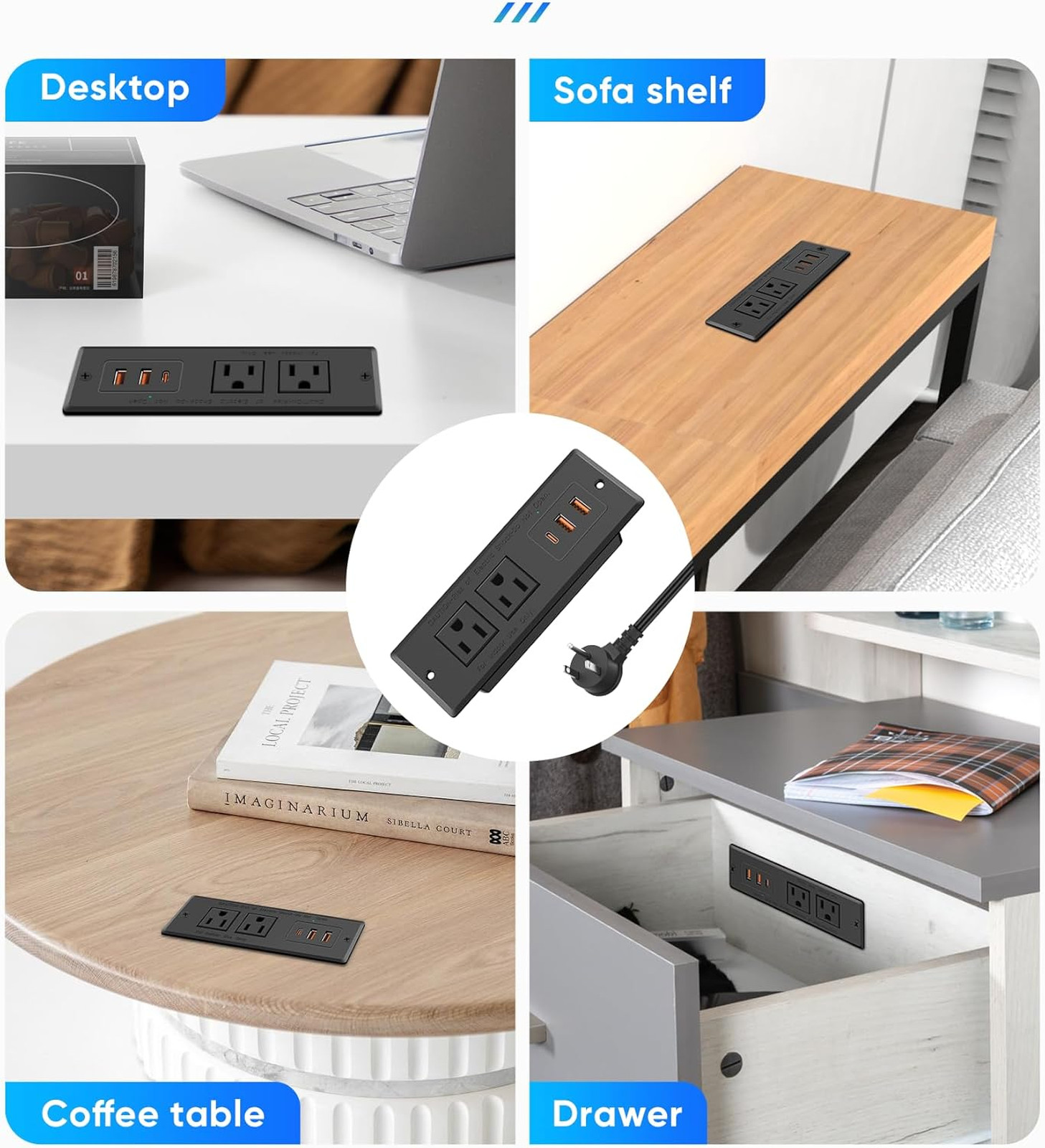 Recessed Power Strip with USB C Port, Flush Mount 20W USB-C Wall Outlet, Desk