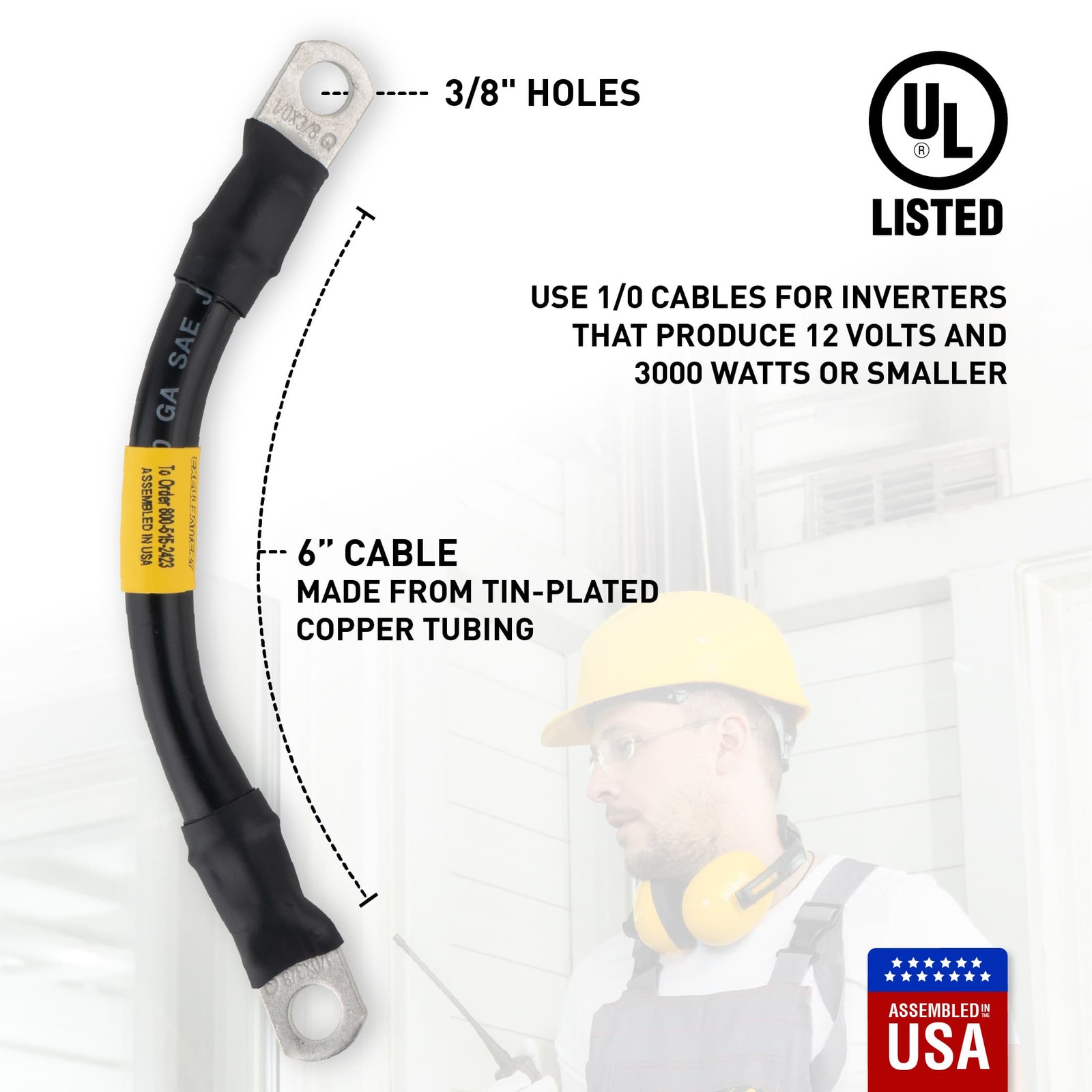 1/0 Black Battery Interconnect Cable 6″ with 3/8″ Lugs ASSEMBLED IN USA