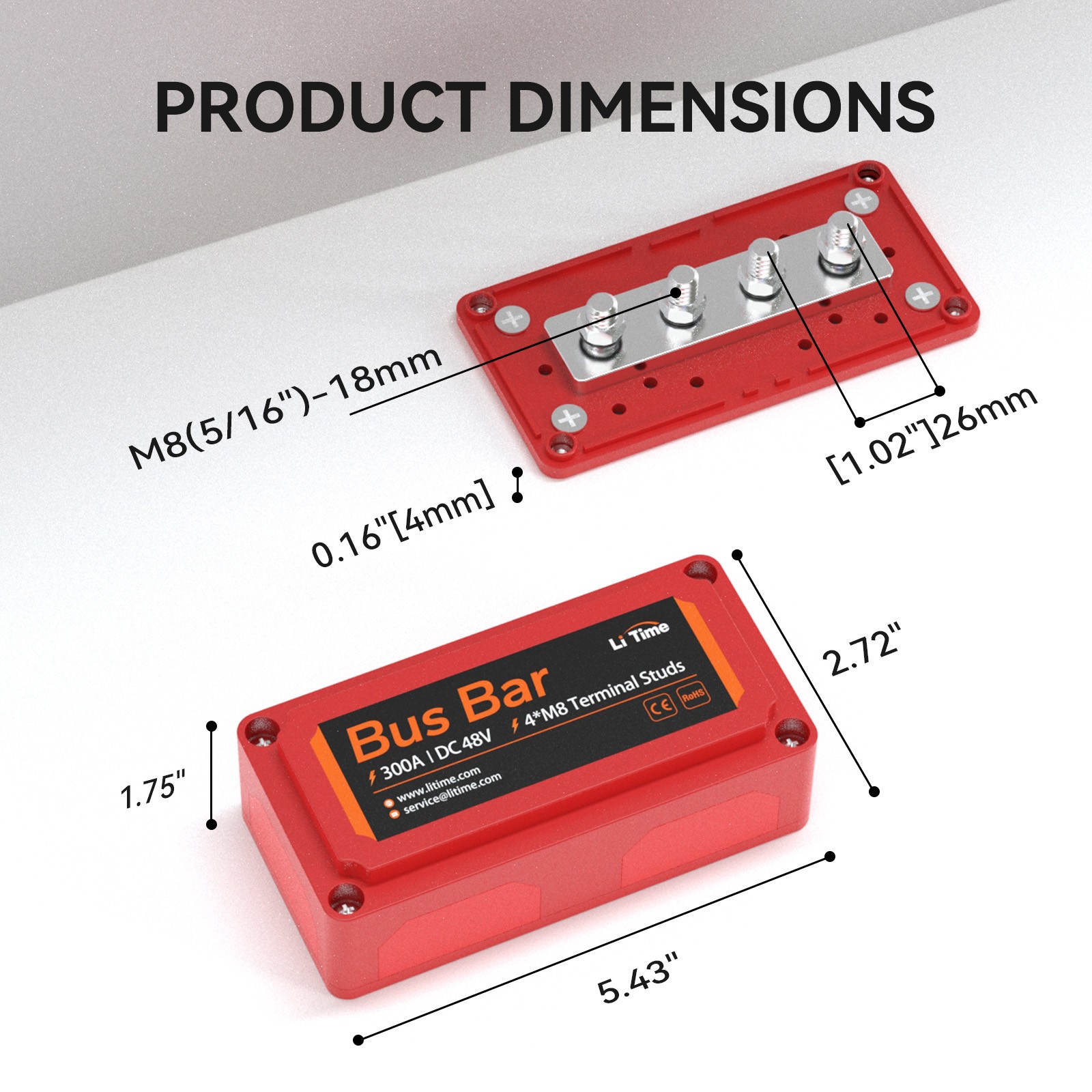 LiTime Red+Black 300A Bus Bar 2Packs for Marine Solar RV Home Electrical System